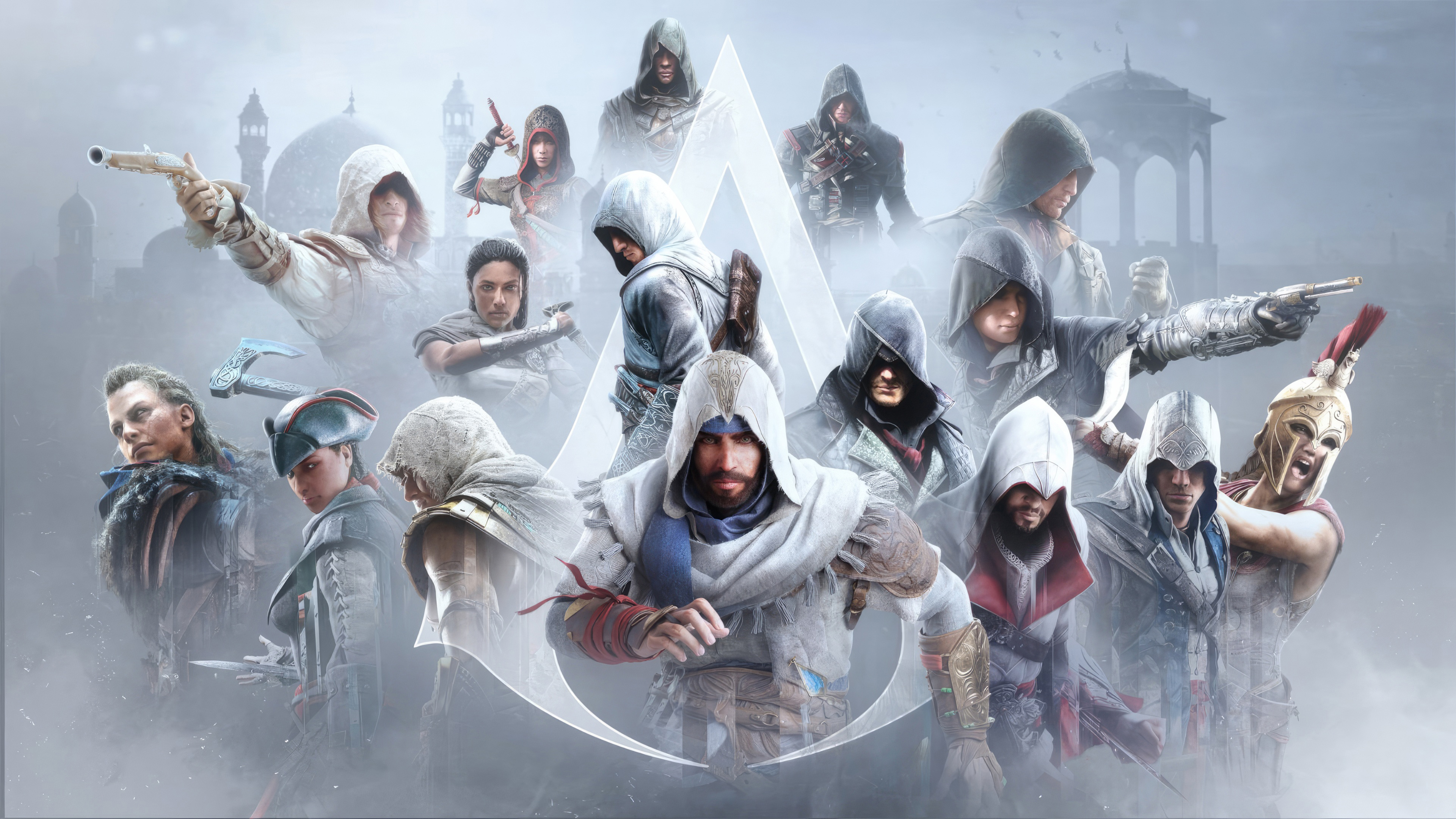 A cinematic game art portrait of an Assassin's Creed warrior in hooded robes.