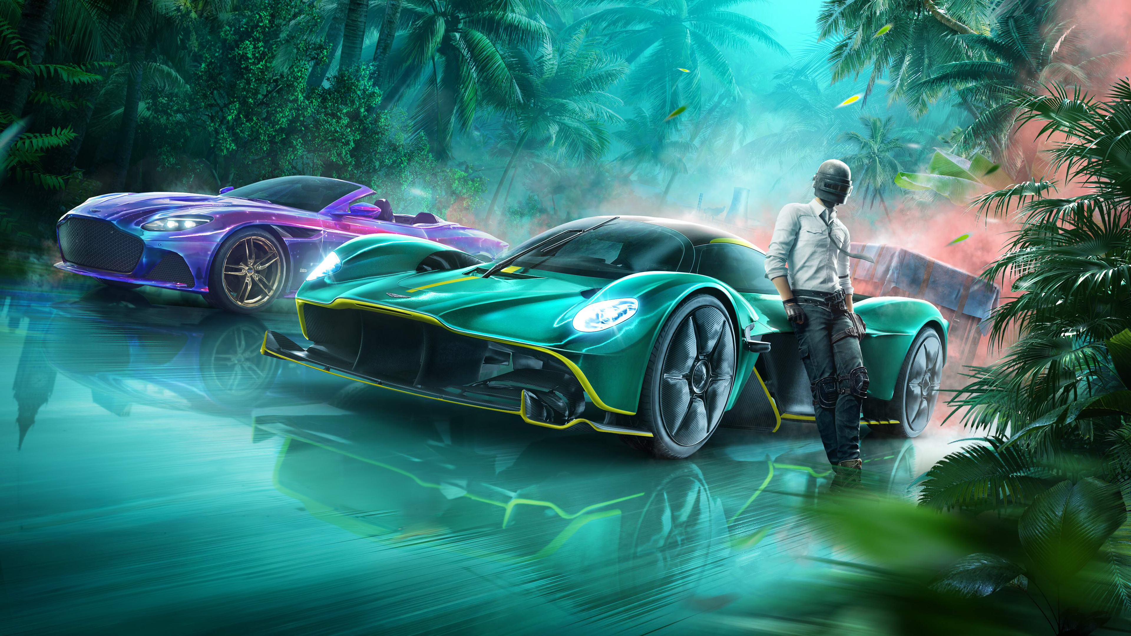 An Aston Martin Valkyrie hypercar positioned within the gritty, stylized battleground environment of PUBG MOBILE.