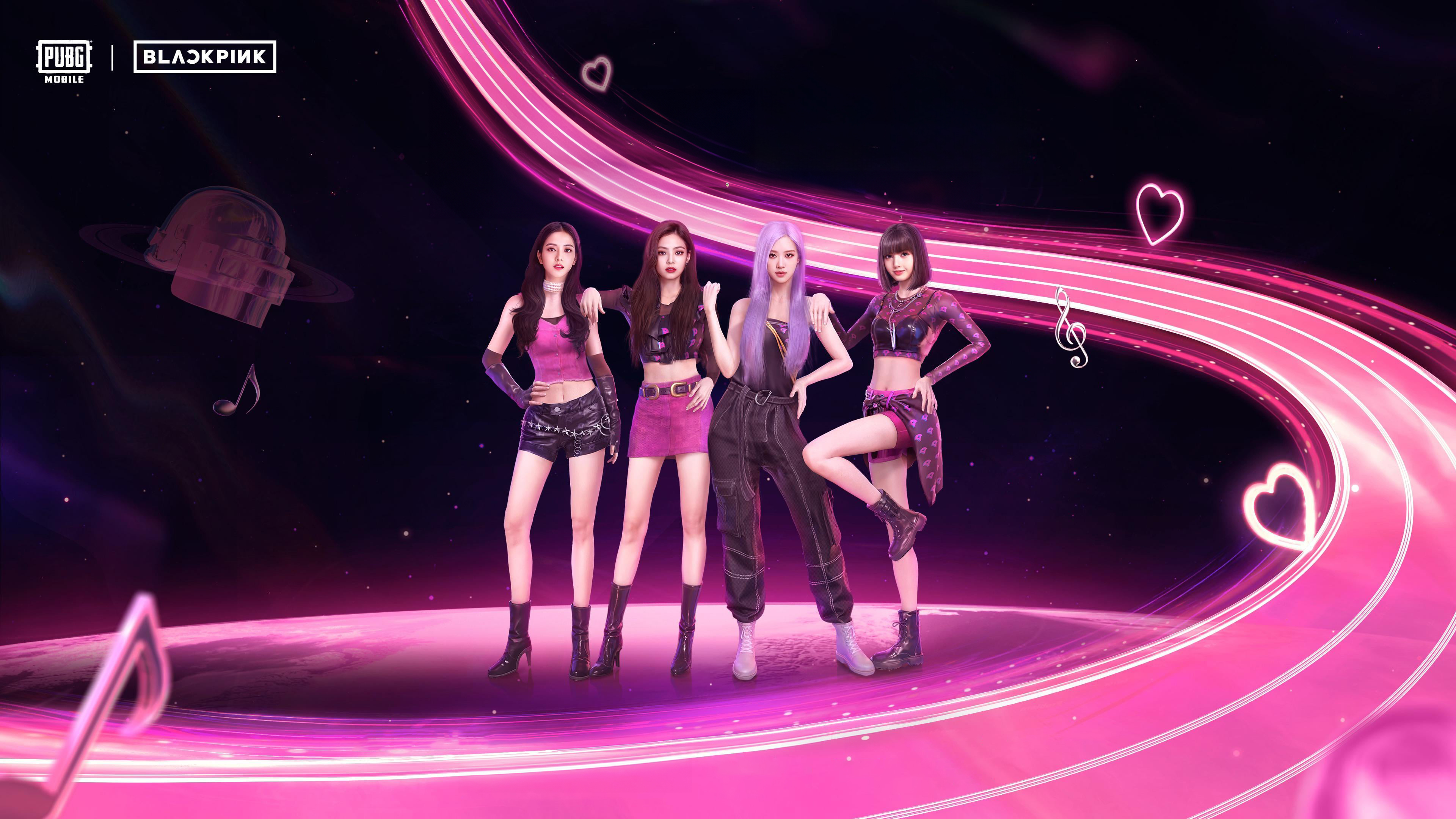 Four members of the K-Pop group Blackpink—Lisa, Jennie, Jisoo, and Rosé—posed together against a dreamy pink aesthetic background.