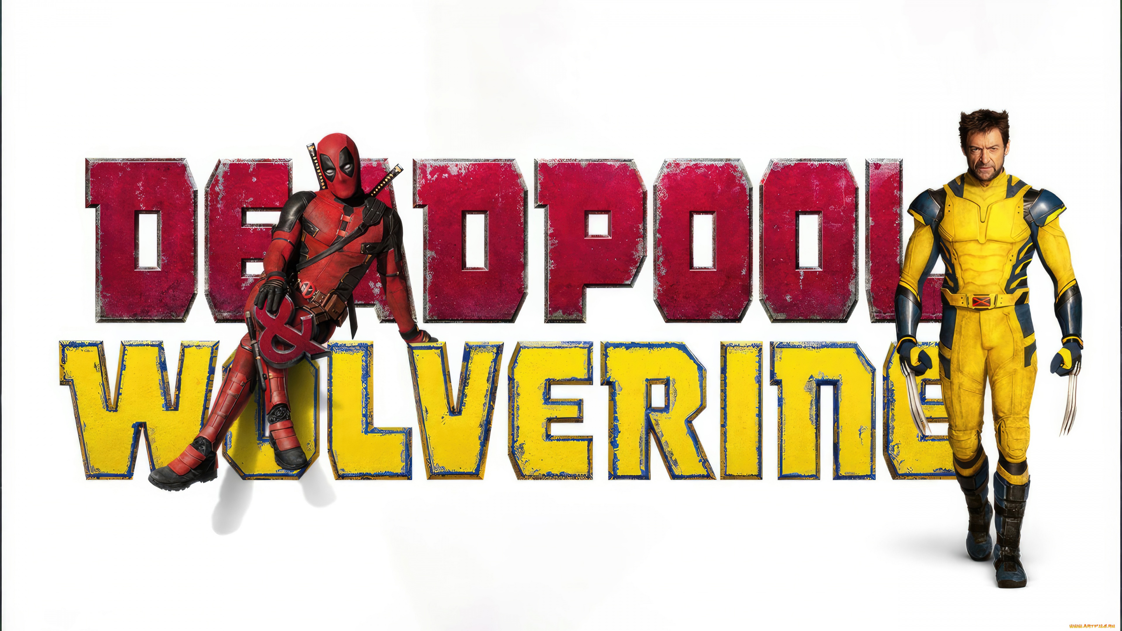 A high-quality 5K logo featuring Deadpool and Wolverine against a solid white background.