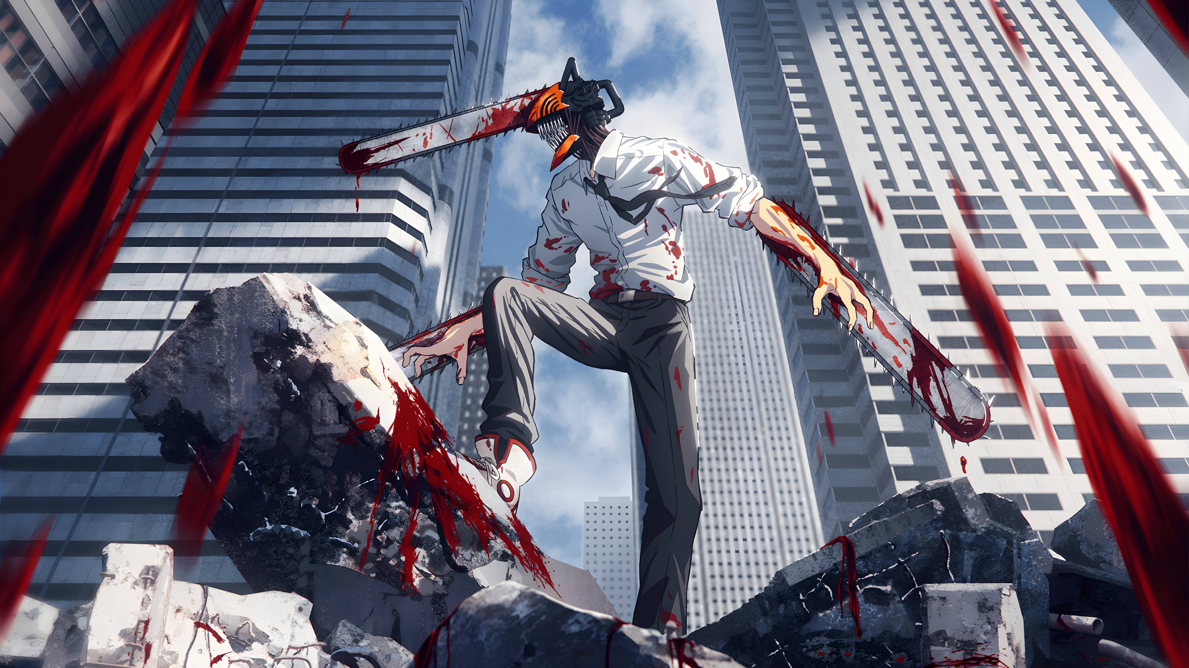 A high-resolution close-up of Denji from Chainsaw Man in his transformed state featuring chainsaw blades.