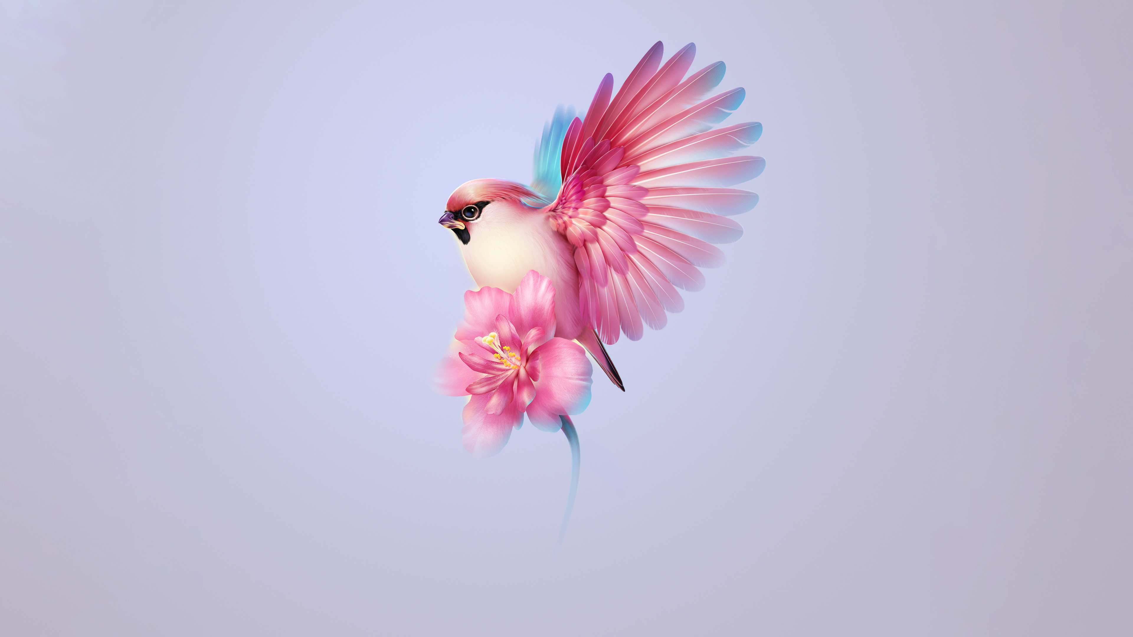 A beautiful Bohemian waxwing bird surrounded by delicate pink flowers in a soft, aesthetic style.