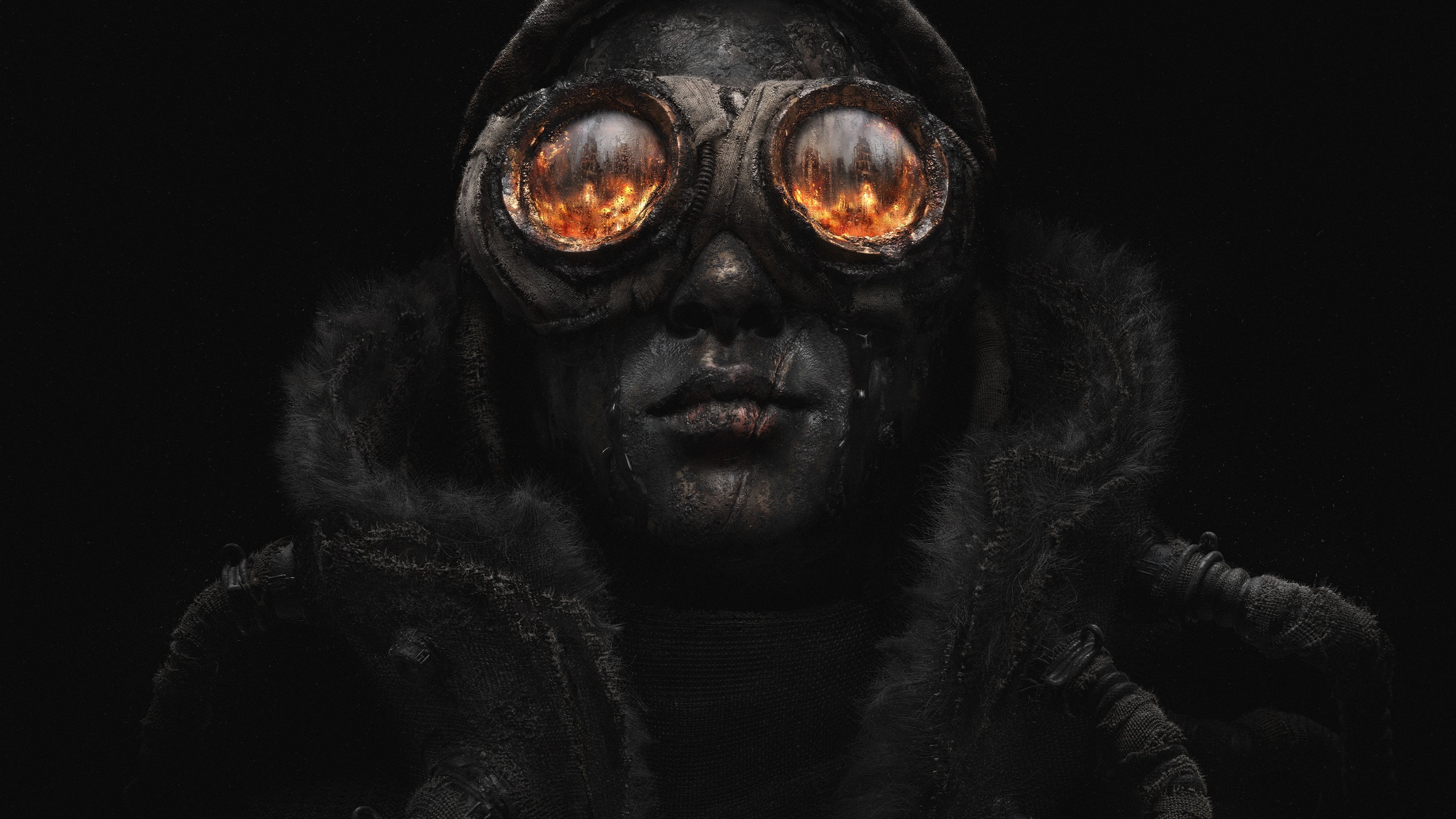 A survivor from Frostpunk 2 wearing heavy, fur-lined steampunk survival gear against a dark, snowy background.