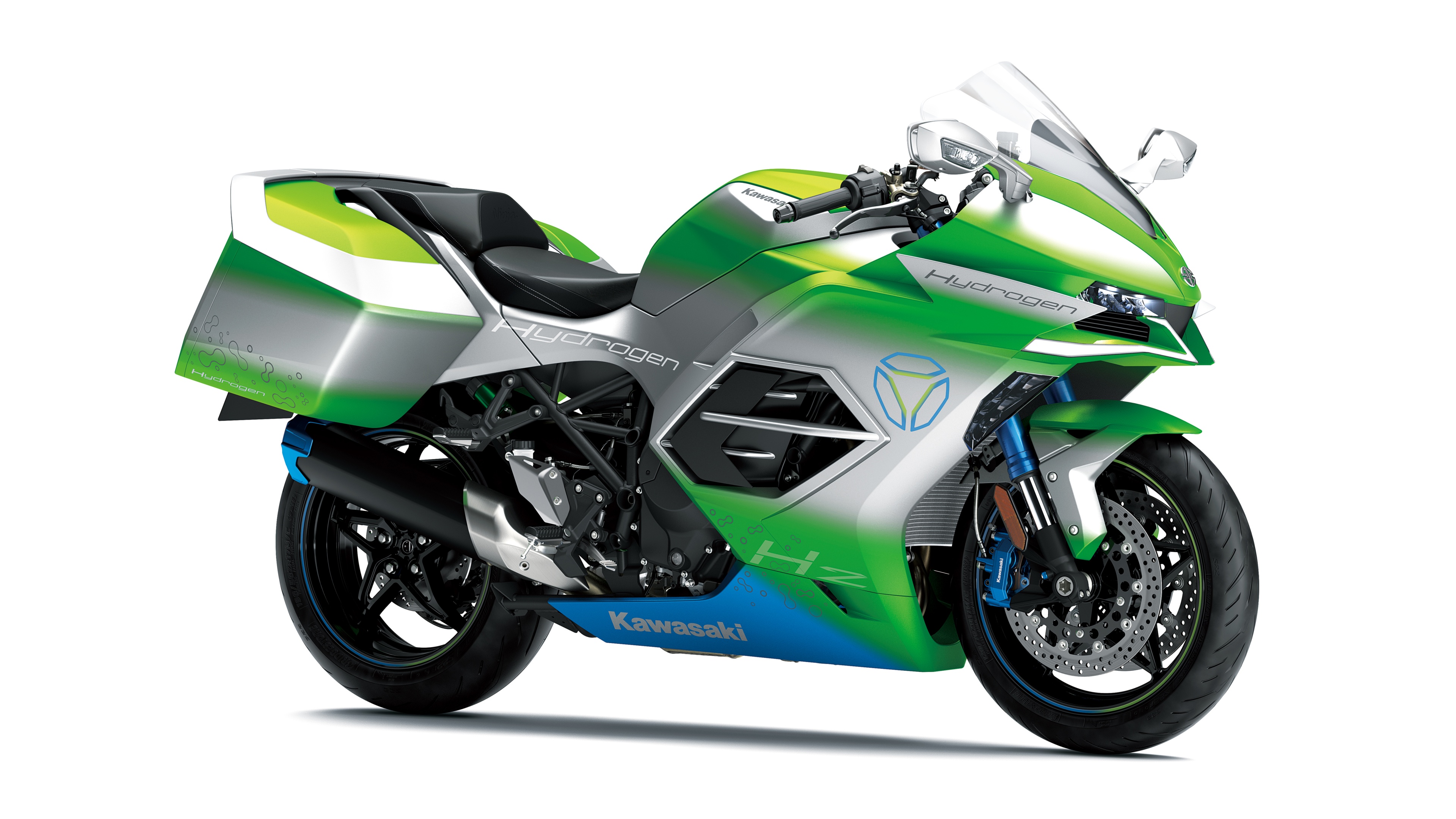 A sleek 2023 concept motorcycle with futuristic design elements isolated on a white background.