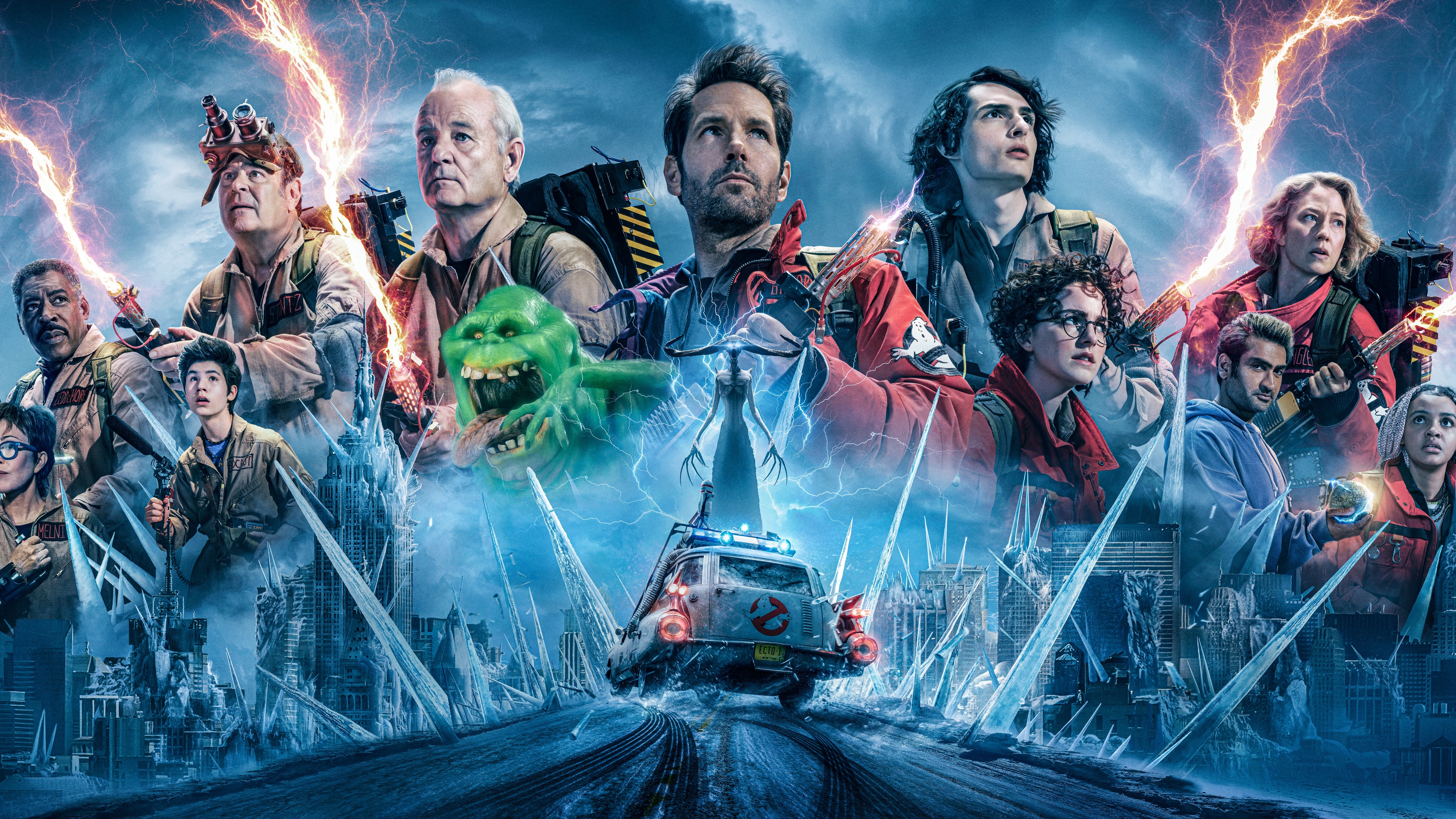 A dramatic movie poster for Ghostbusters: Frozen Empire showcasing the Ghostbusters team facing an icy, supernatural threat.