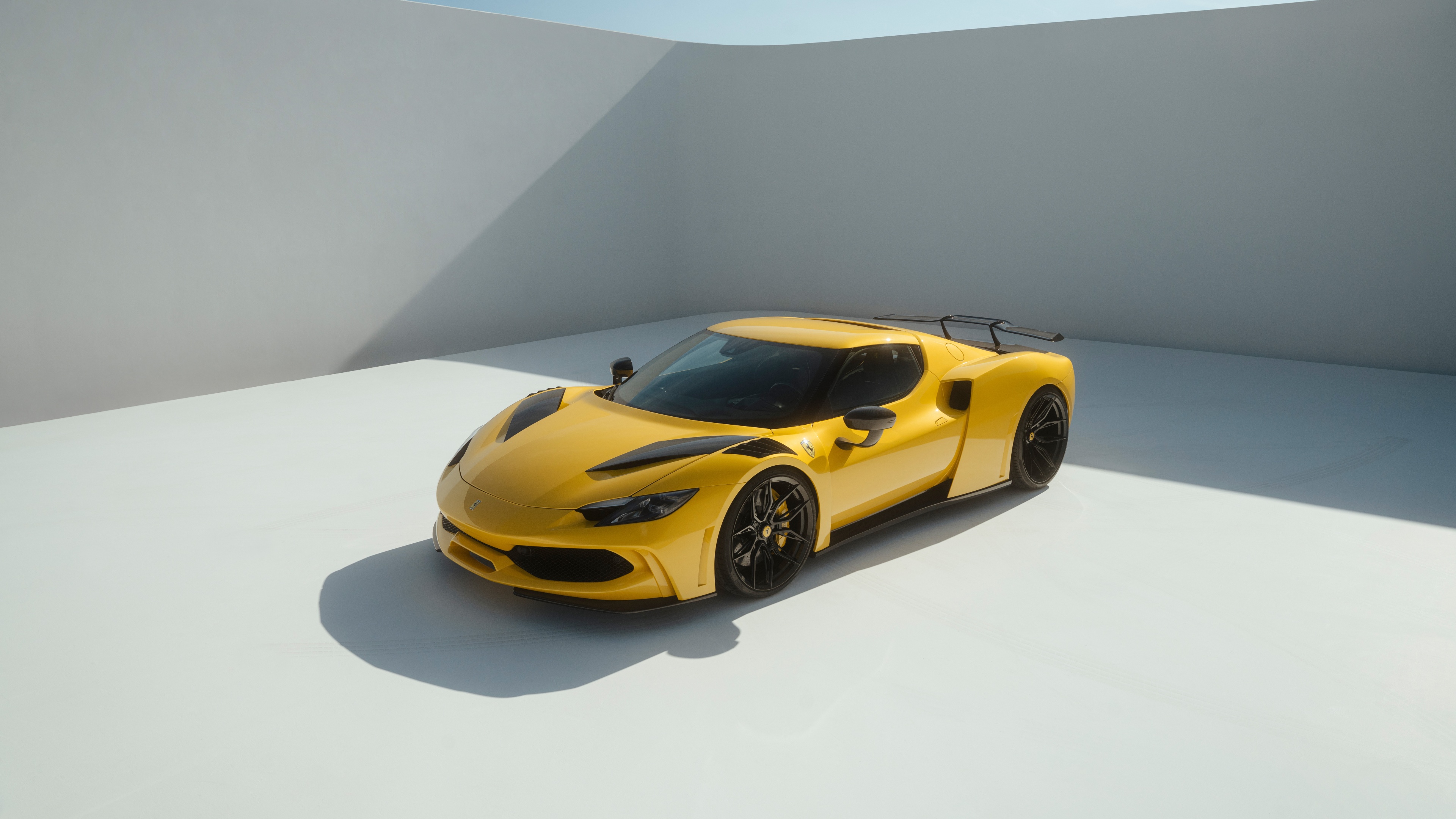 A bright yellow Novitec Ferrari 296 GTB showcasing its custom aerodynamic body kit and premium glossy finish.