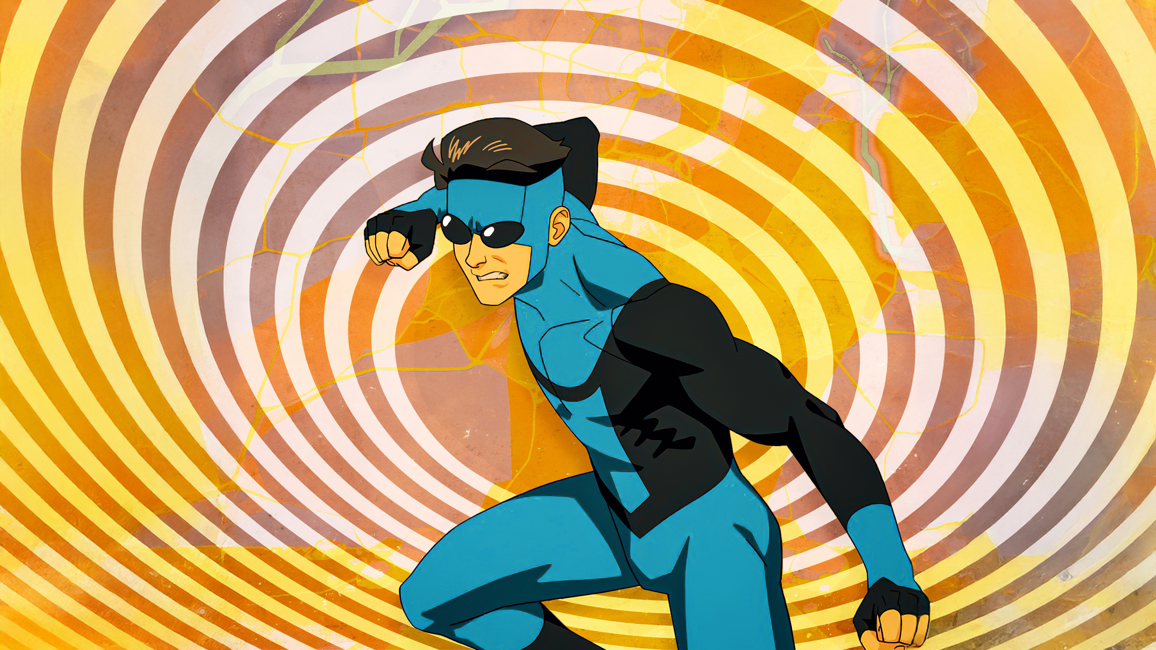 A highly detailed portrait of Mark Grayson from the animated series Invincible set against a vibrant, swirling colorful background.