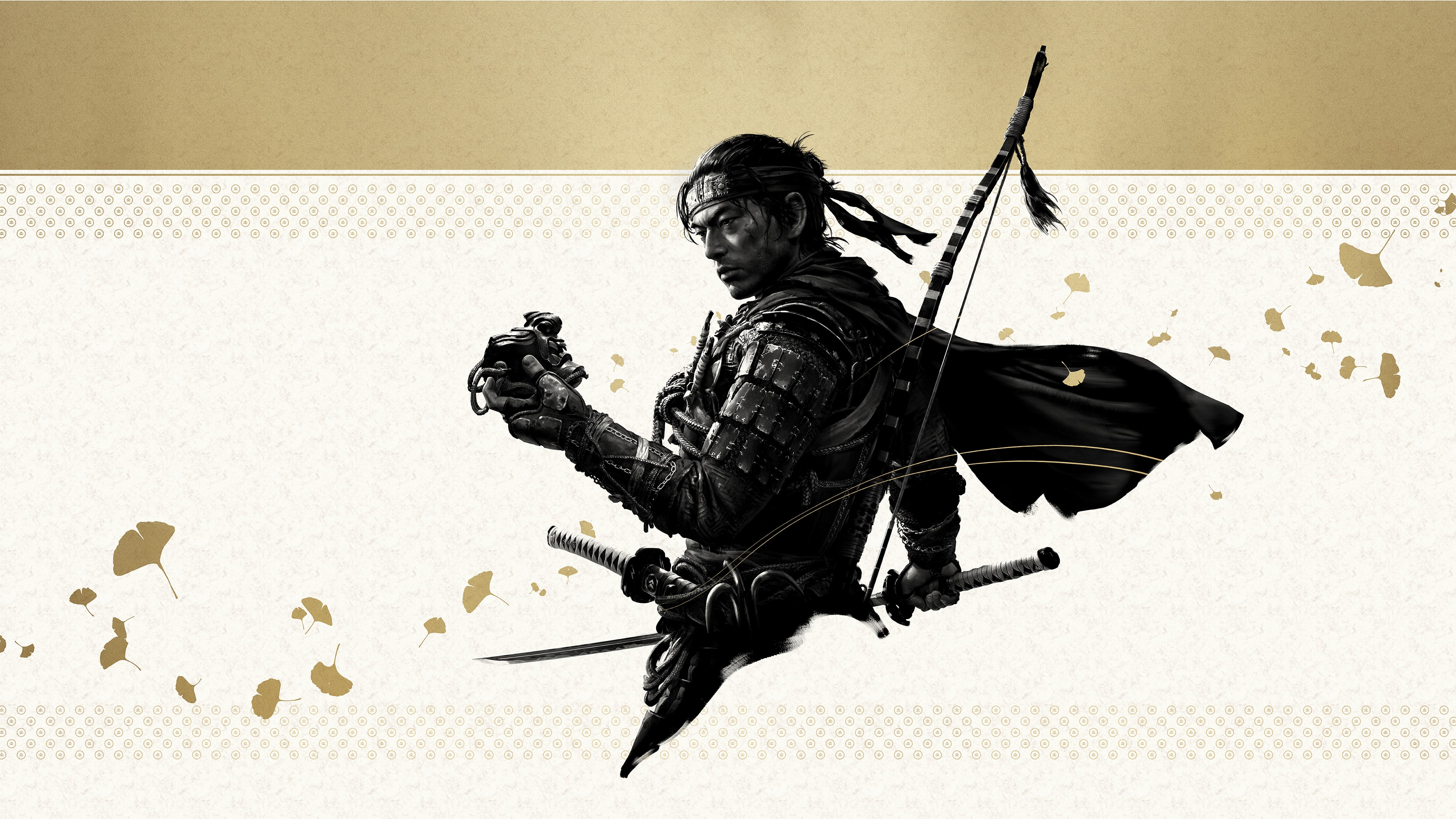 Cinematic game art featuring Jin Sakai from Ghost of Tsushima in a dramatic setting.