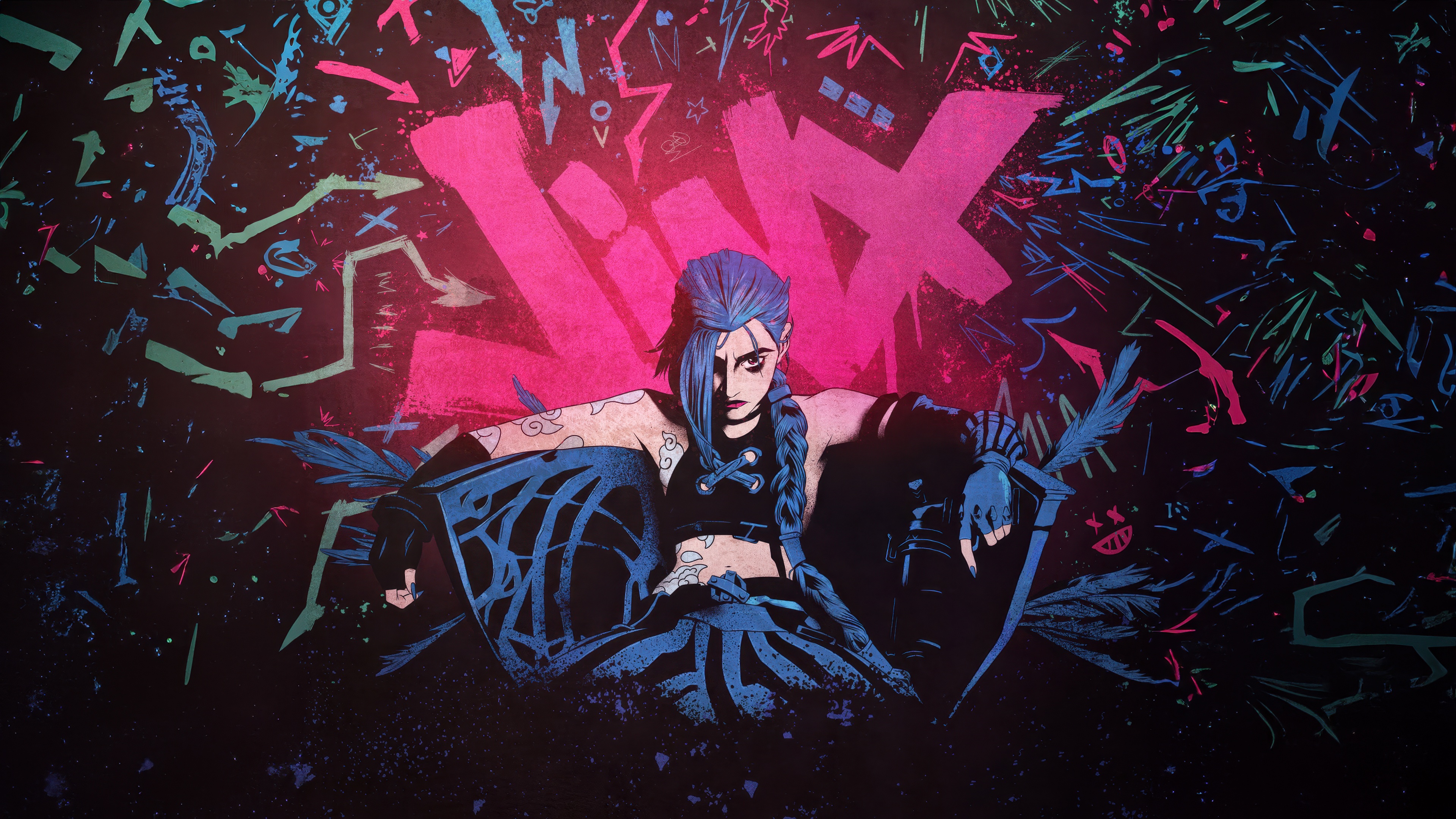 Neon graffiti artwork of Jinx from Arcane: League of Legends featuring vibrant colors and street art style.