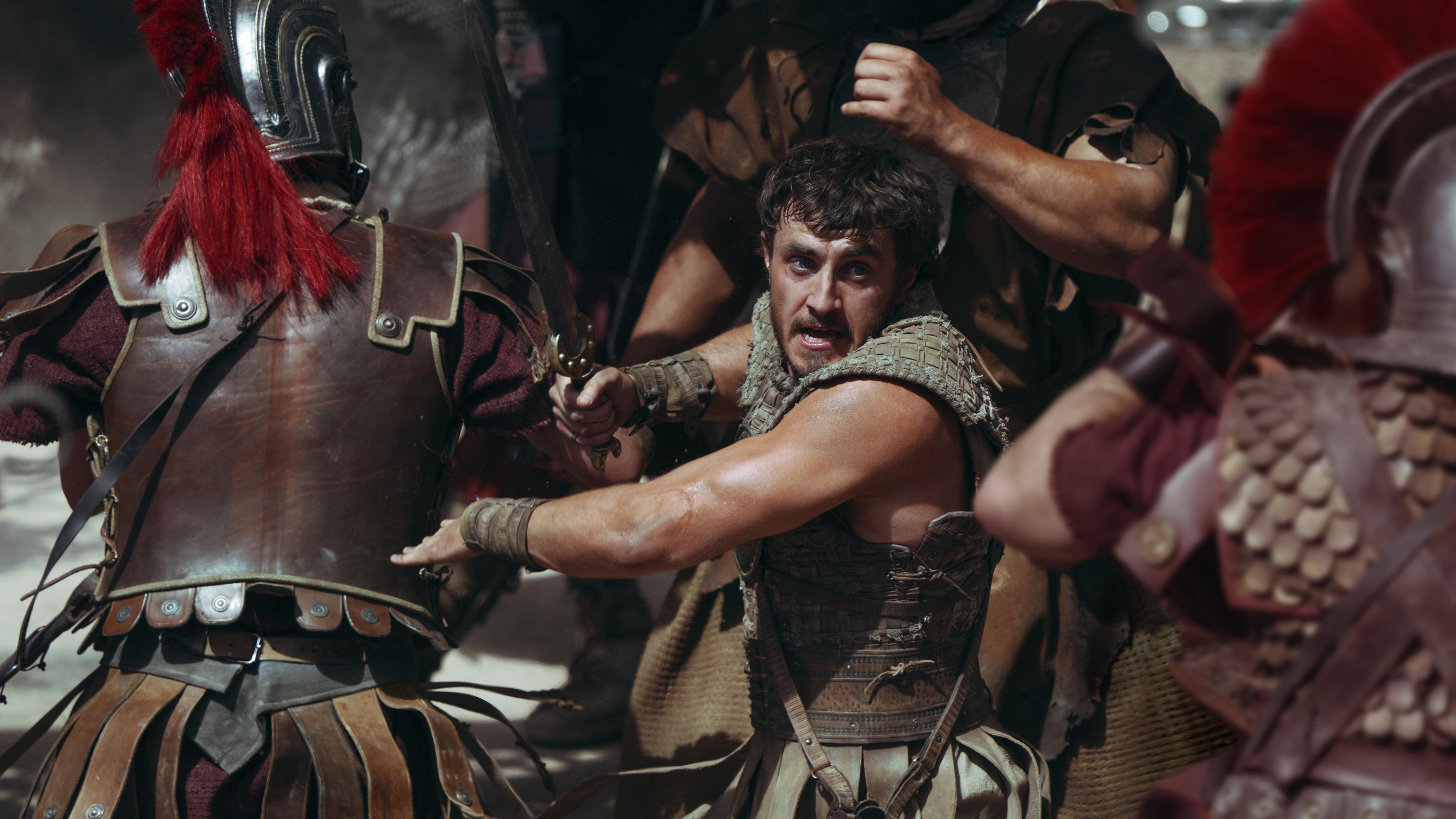 Cinematic portrait of Paul Mescal as Lucius in the movie Gladiator II