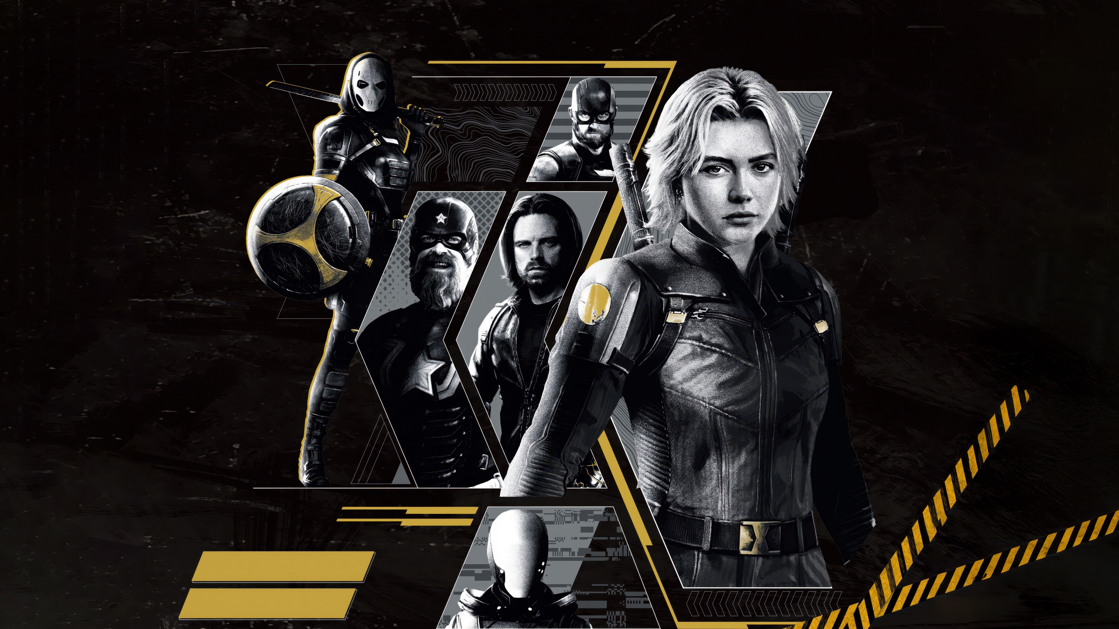 A dark, monochrome group portrait featuring Yelena Belova, Bucky Barnes, and other members of the Thunderbolts from the Marvel Cinematic Universe.