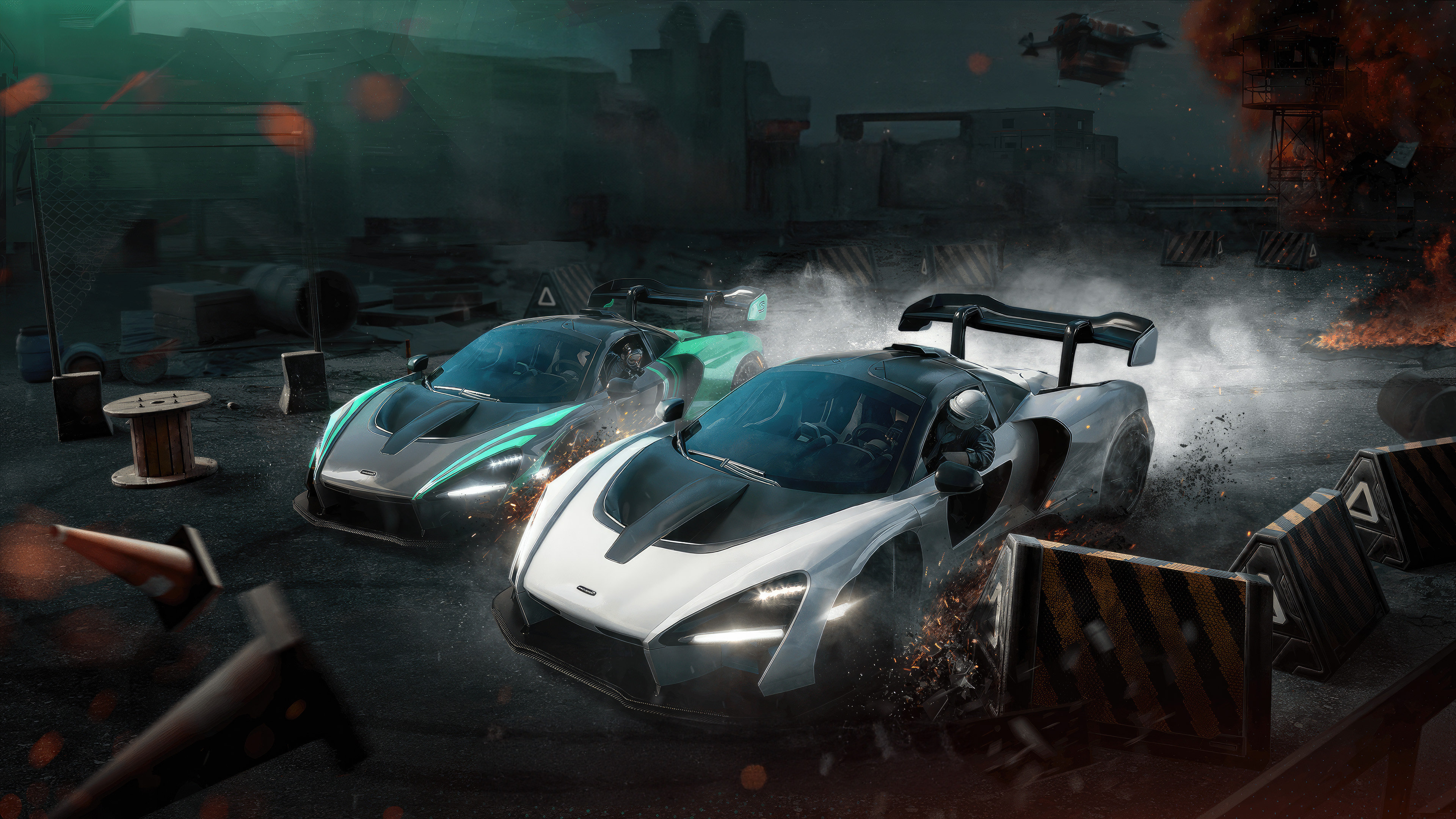 A sleek McLaren Senna hypercar and a PUBG survivor in tactical combat gear on a battlefield.