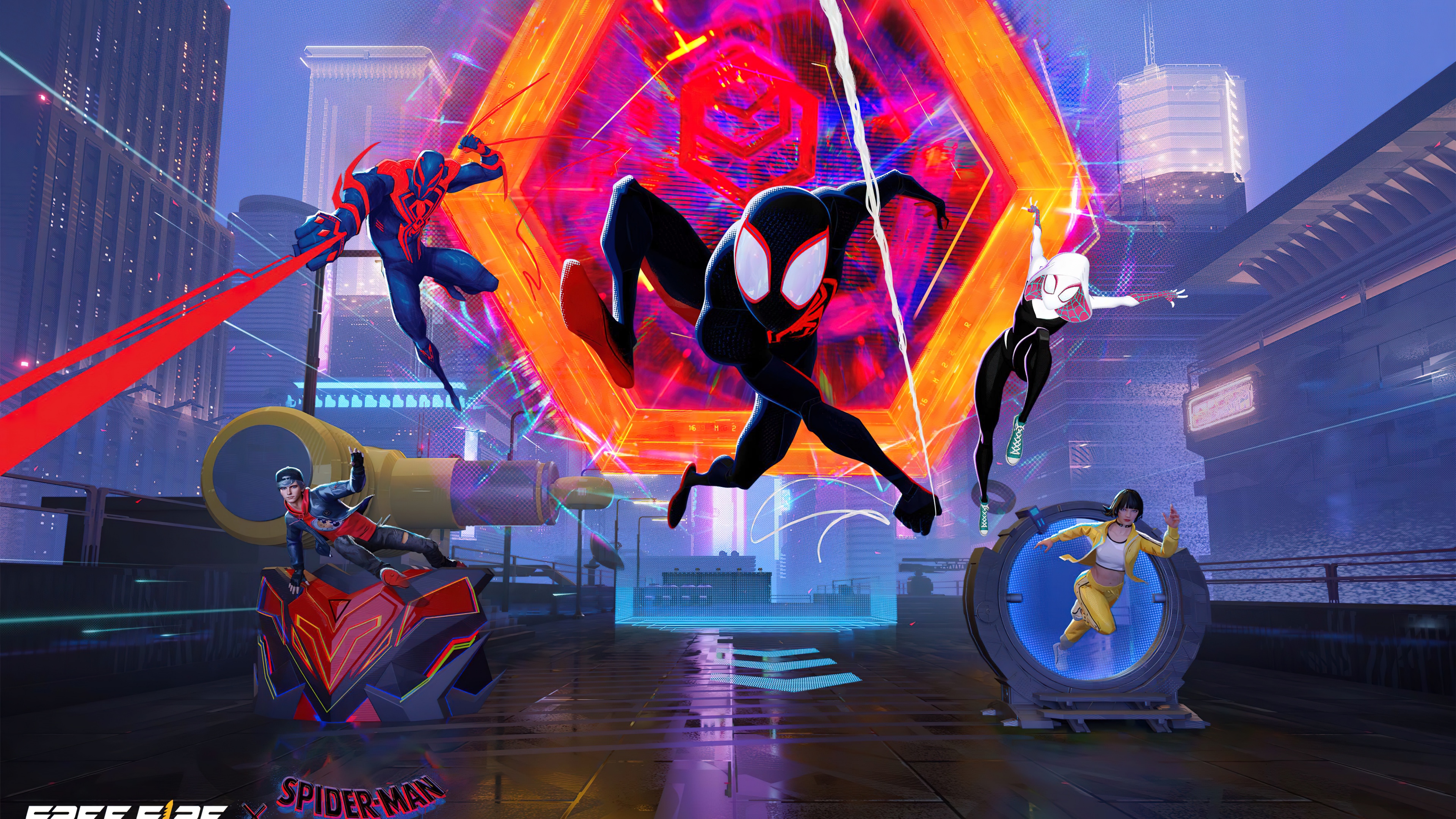 A cinematic group shot featuring Miles Morales, Spider-Man 2099, and Spider-Gwen from the movie Spider-Man: Across the Spider-Verse.