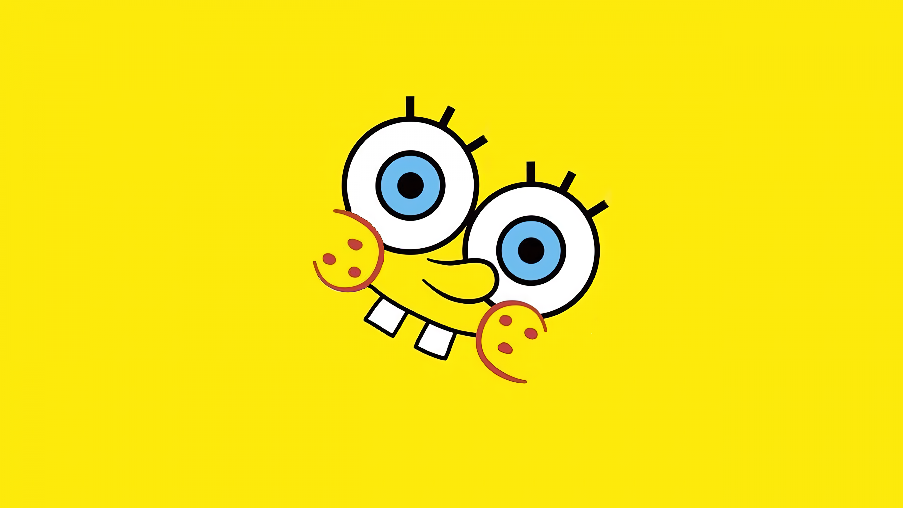 A minimalist close-up of the SpongeBob SquarePants smiley face on a bright yellow background.