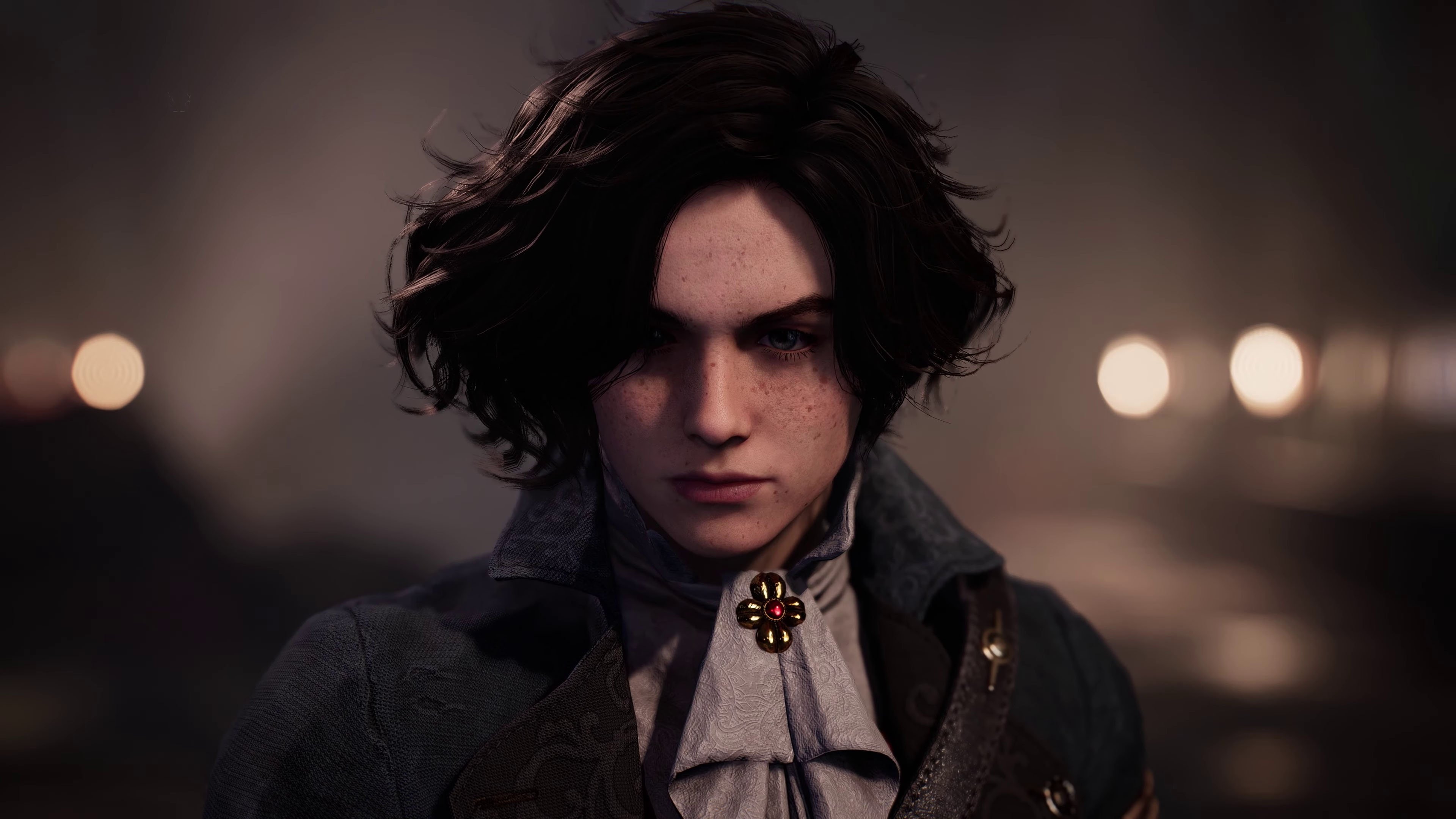 A cinematic portrait of Pinocchio, the main character from the video game Lies of P, featuring dark fantasy elements.