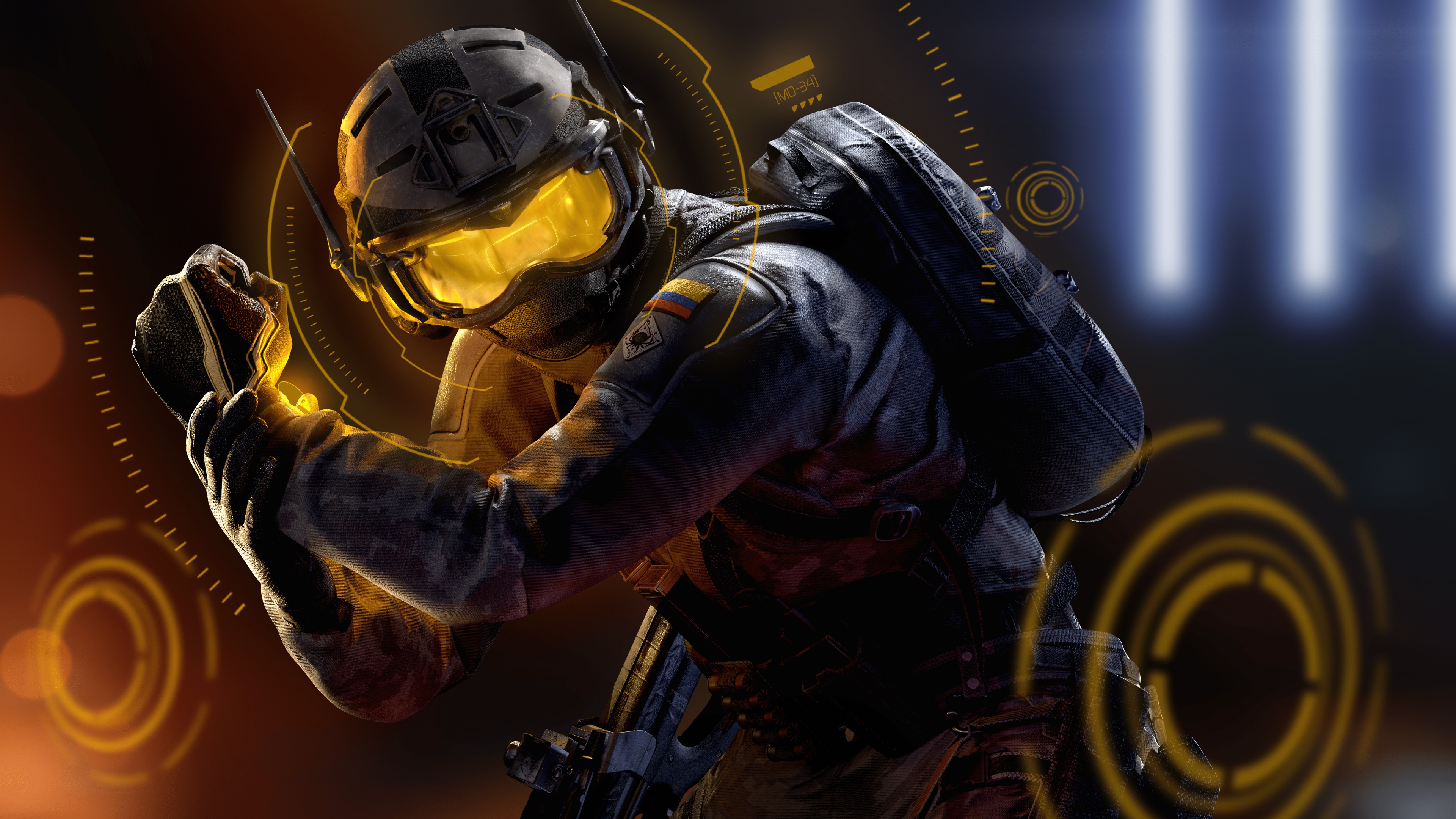 A high-definition, cinematic view of a tactical operator from Rainbow Six Siege featuring gear from Operation Commanding Force.