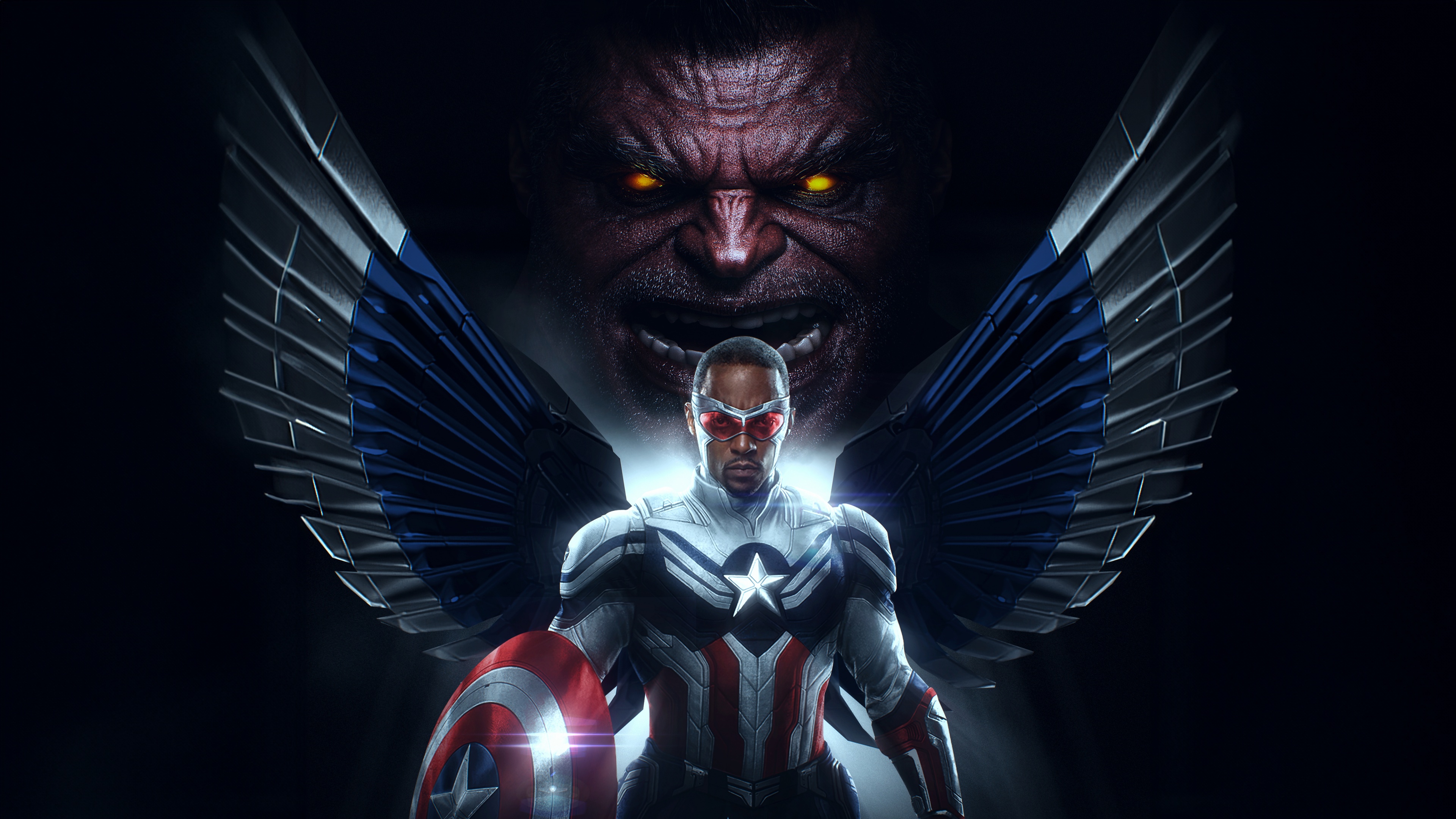 A high-definition cinematic shot featuring Red Hulk (Thunderbolt Ross) and Captain America (Sam Wilson) facing each other against a dark backdrop.