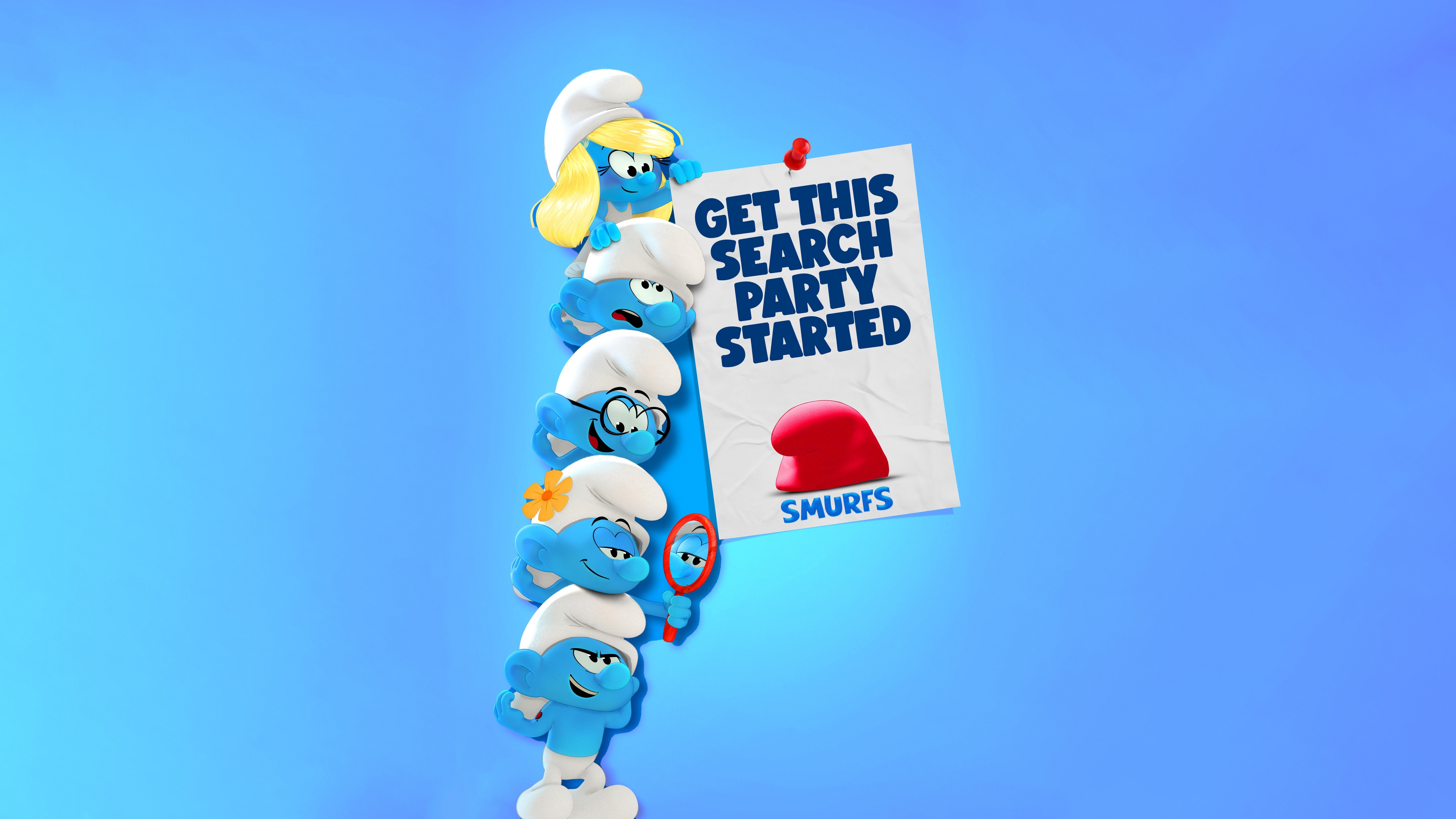 A group of blue Smurf characters standing against a bright blue background in a high-definition movie style.