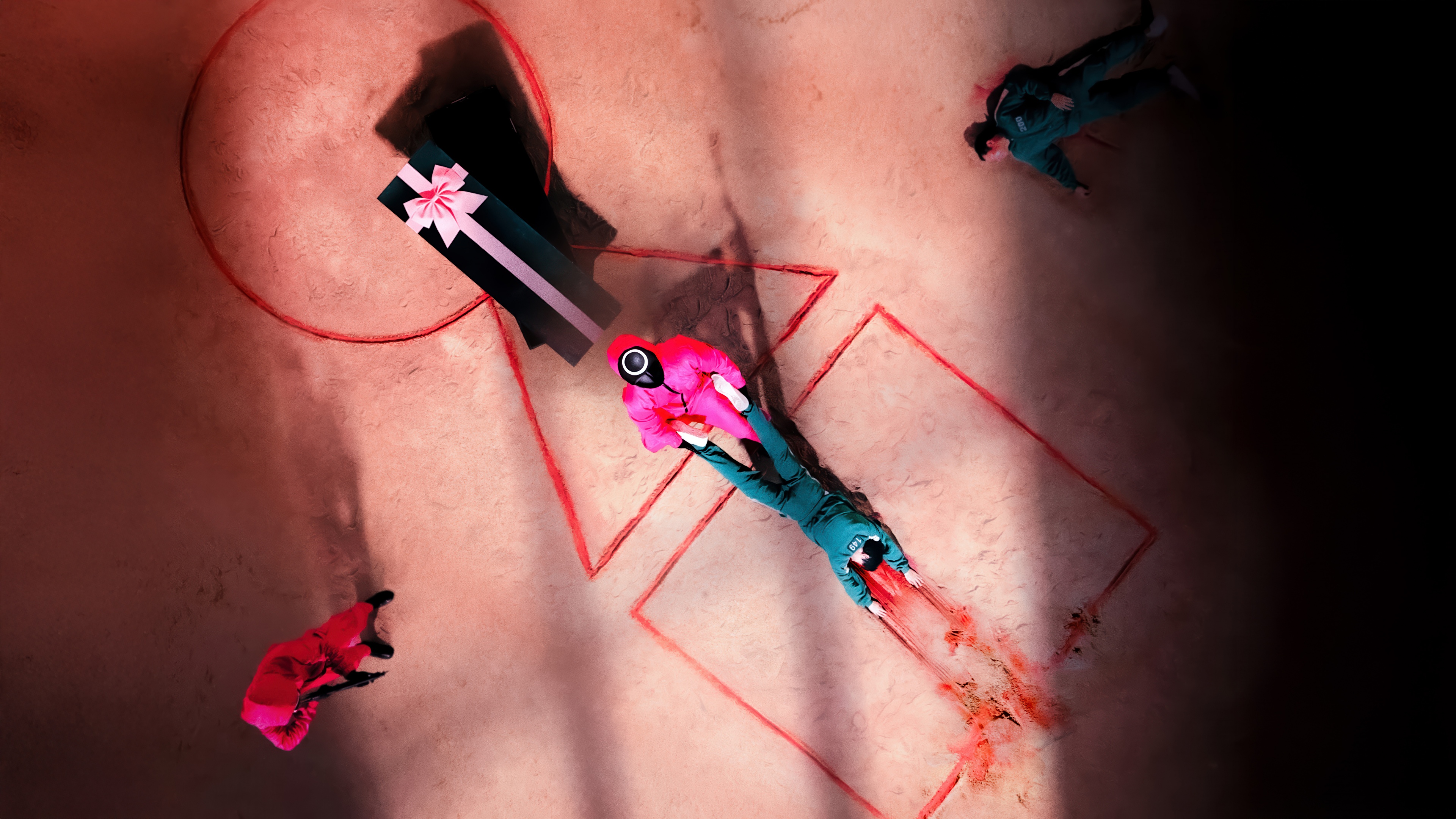 A cinematic, high-detail shot of a masked guard from the Netflix series Squid Game Season 2.