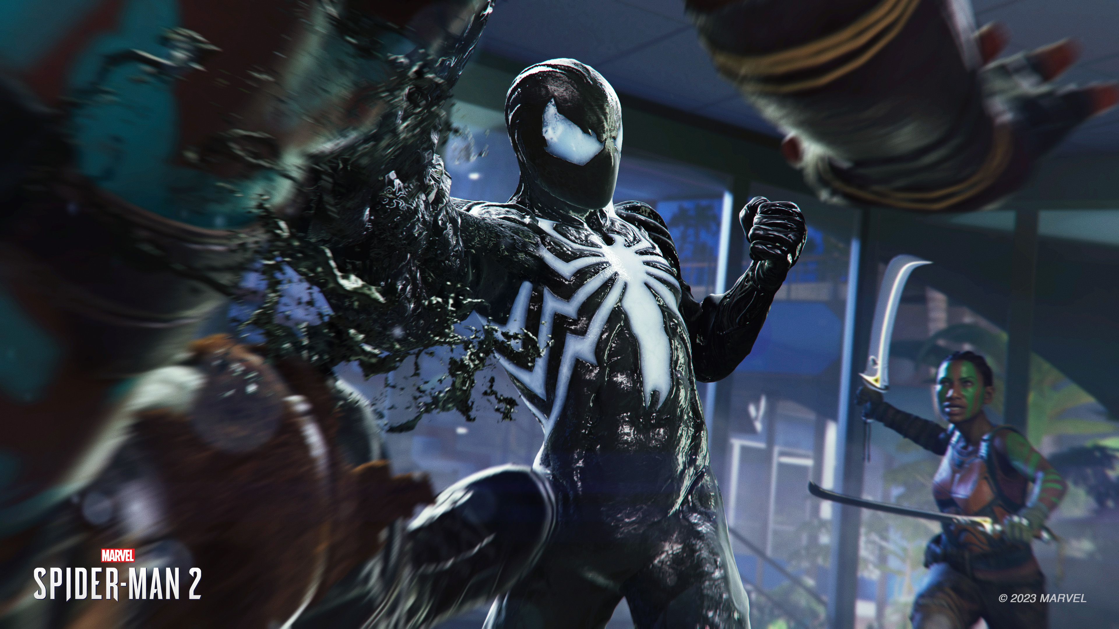 Symbiote Spider-Man performing an action move in Marvel's Spider-Man 2 gameplay.