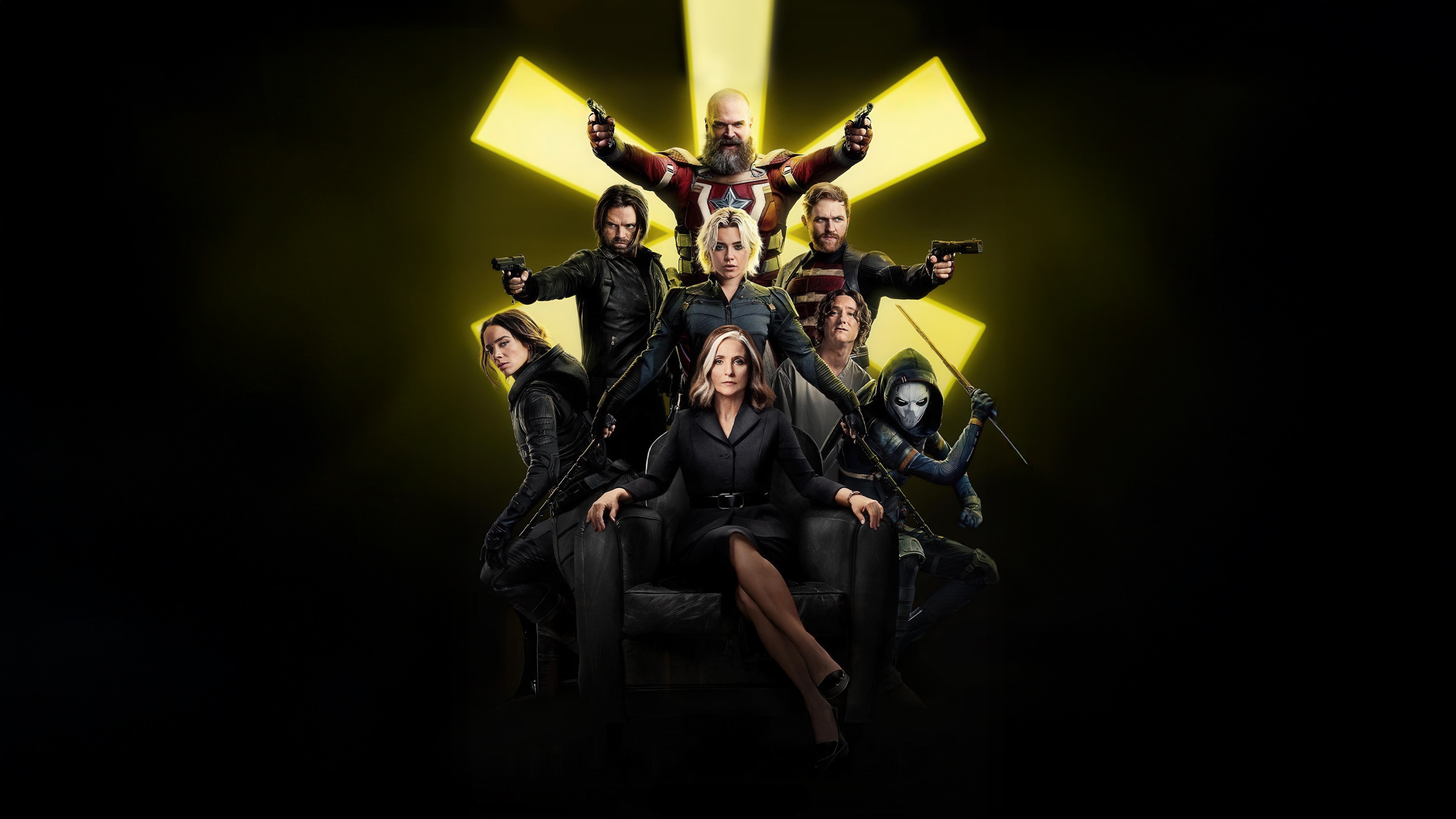 A cinematic movie poster for the Marvel Cinematic Universe film Thunderbolts, featuring Bucky Barnes, Yelena Belova, and Red Guardian against a dark, dramatic background.