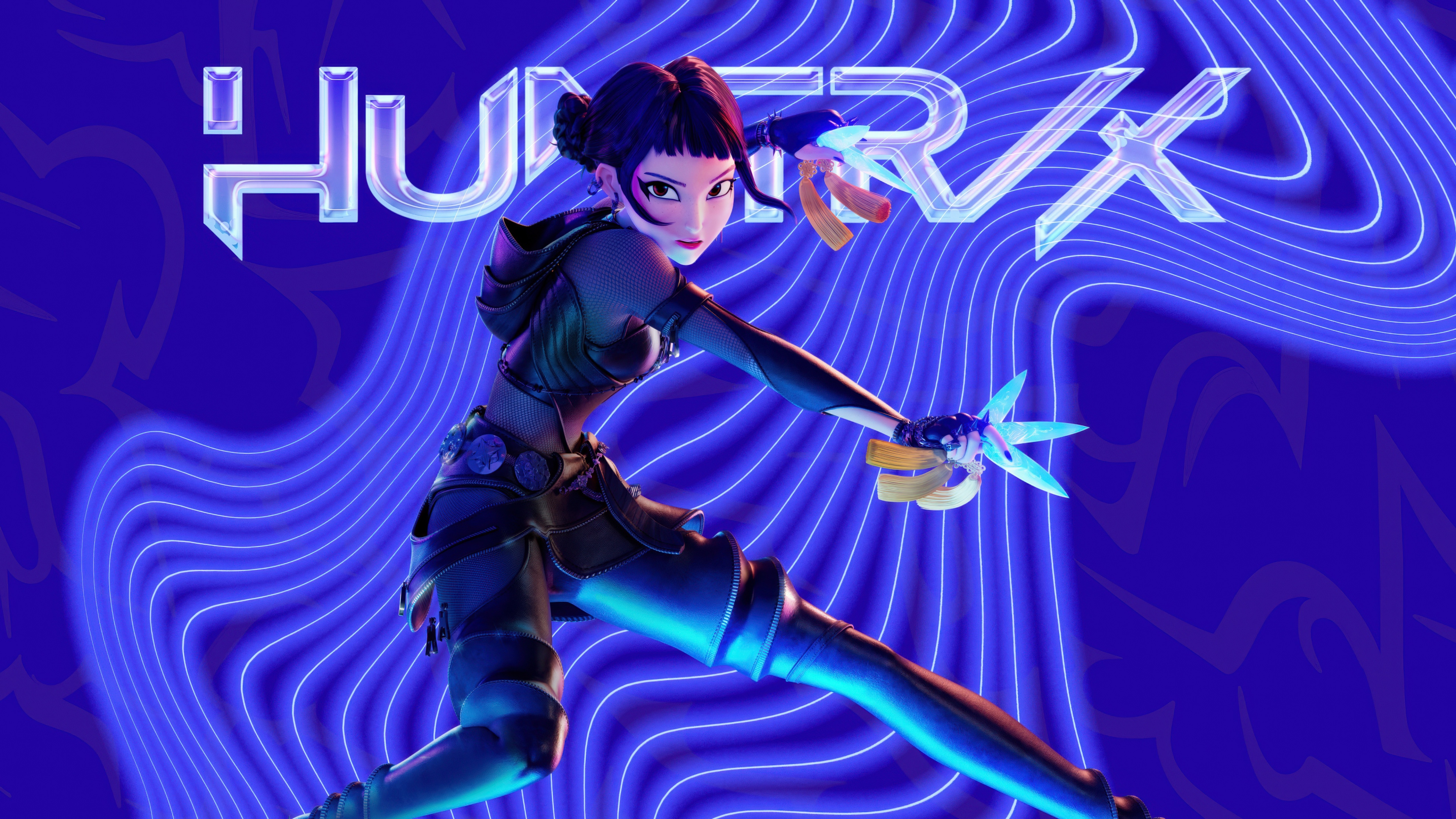 A portrait of Zoey (Huntrix) featuring a deep blue aesthetic and KPop Demon Hunter theme.