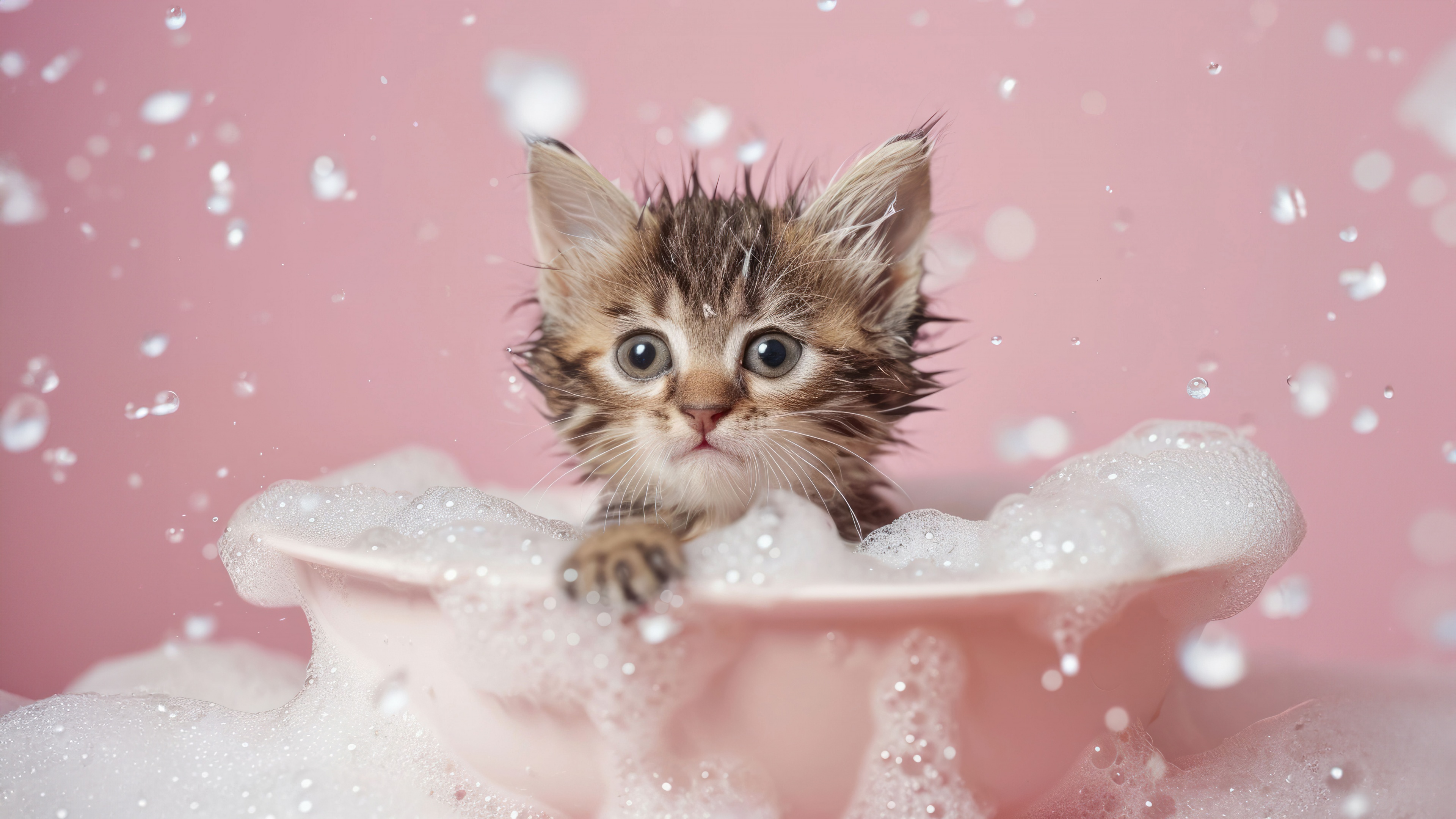 A close-up view of a cute small kitten covered in soap bubbles during bath time.