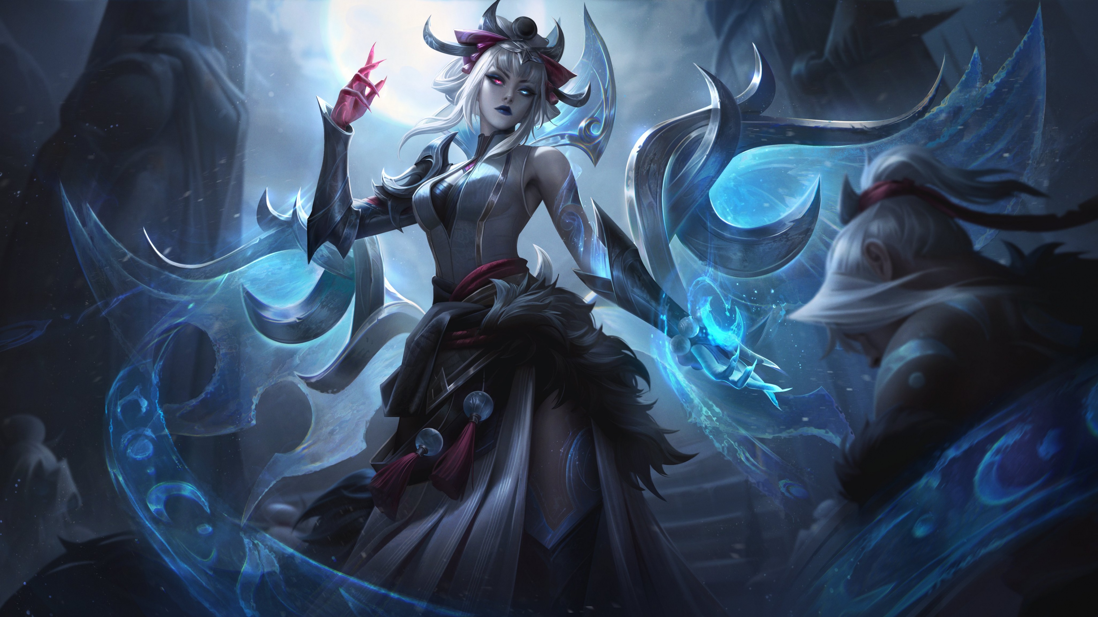 A stunning portrait of Ahri from League of Legends featuring her glowing eyes and ethereal tails.