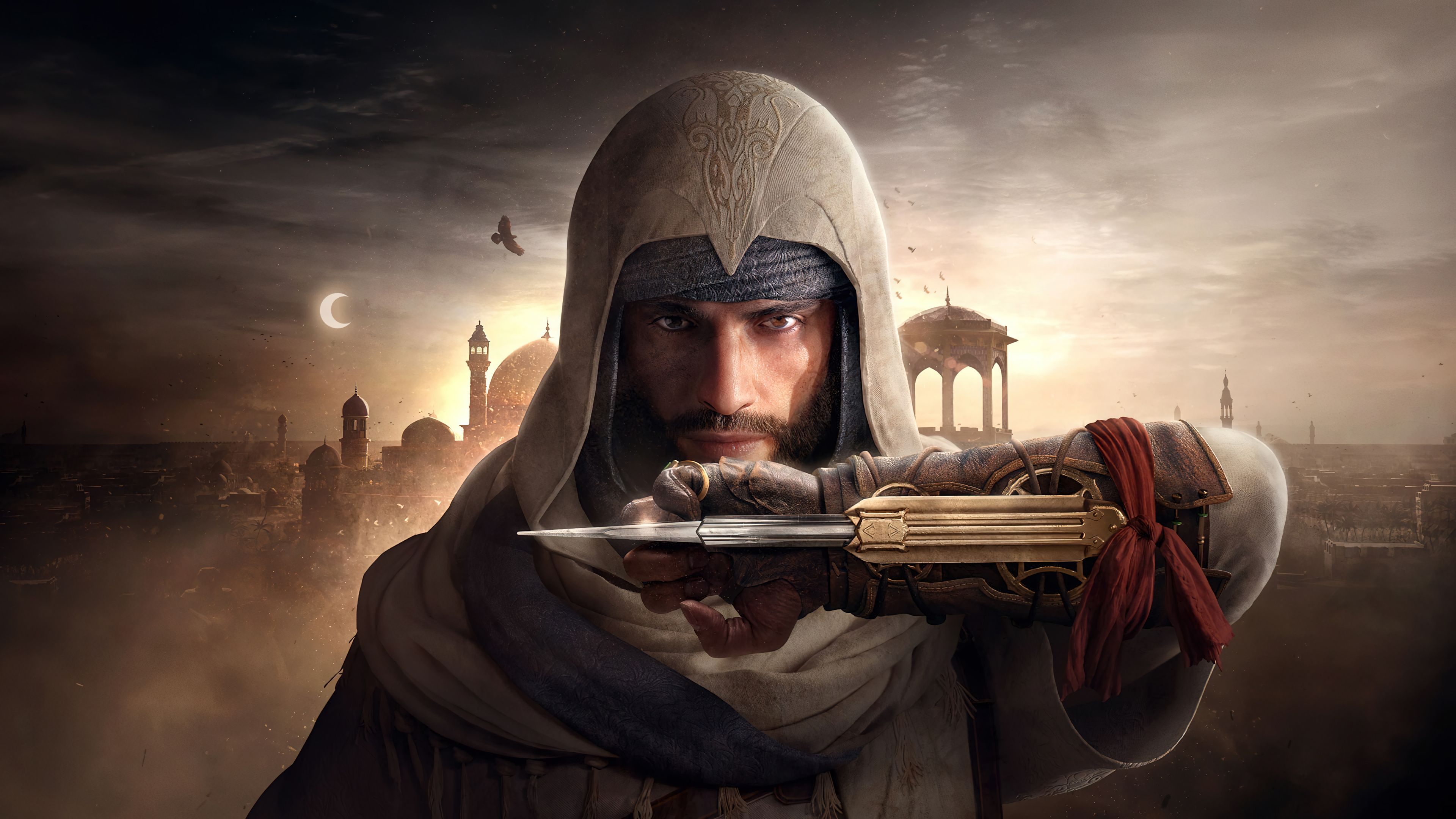 A cinematic portrait of Basim Ibn Ishaq from Assassin's Creed Mirage wearing his signature assassin robes.