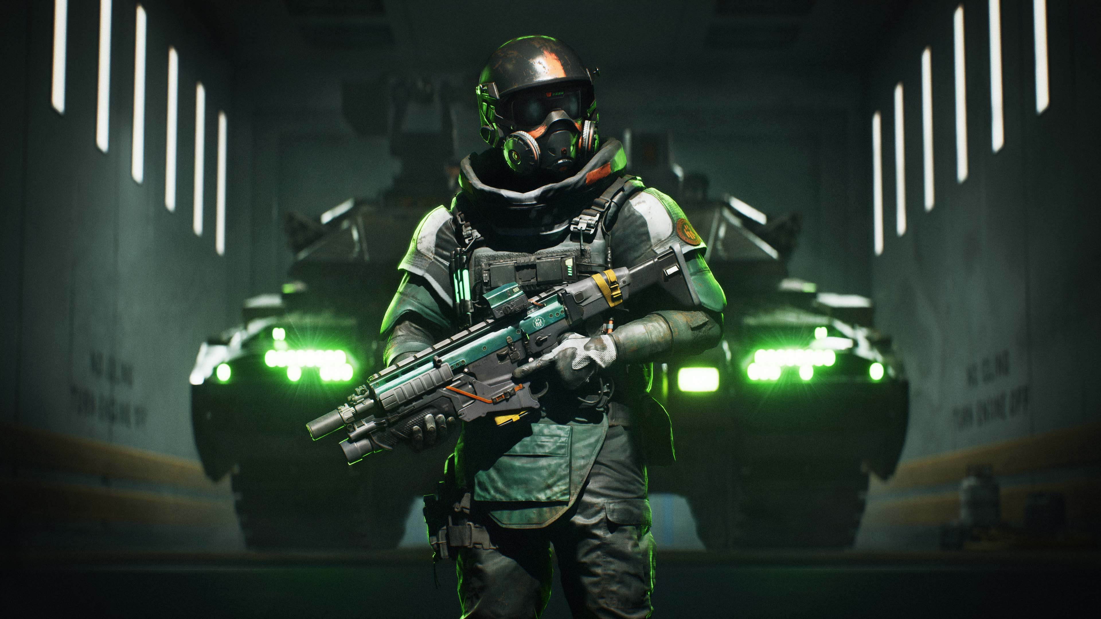 A soldier from Battlefield 2042 wearing futuristic military combat gear and holding a rifle.