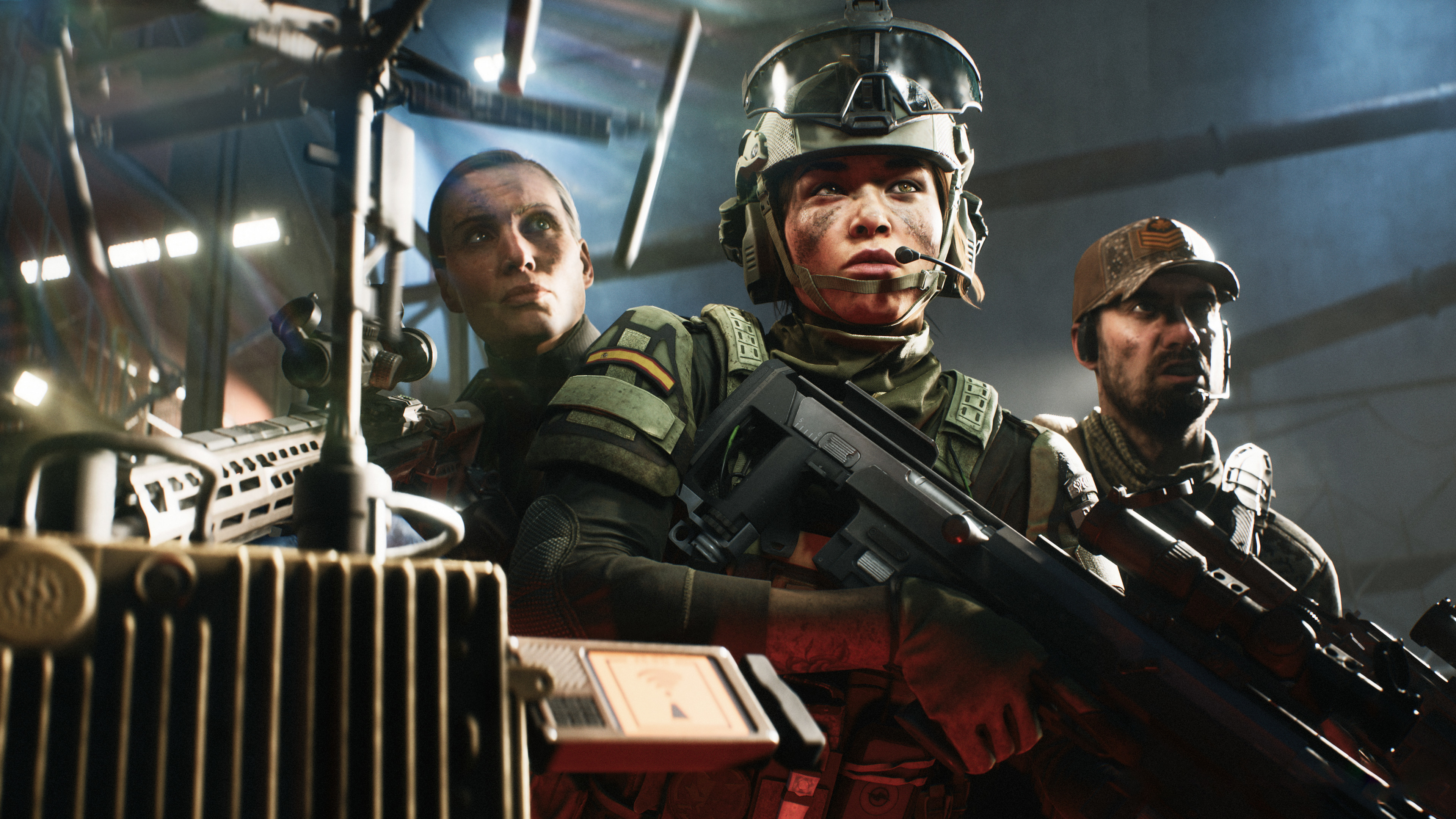 A tactical soldier in heavy combat gear amidst a battlefield scene from Battlefield 2042.