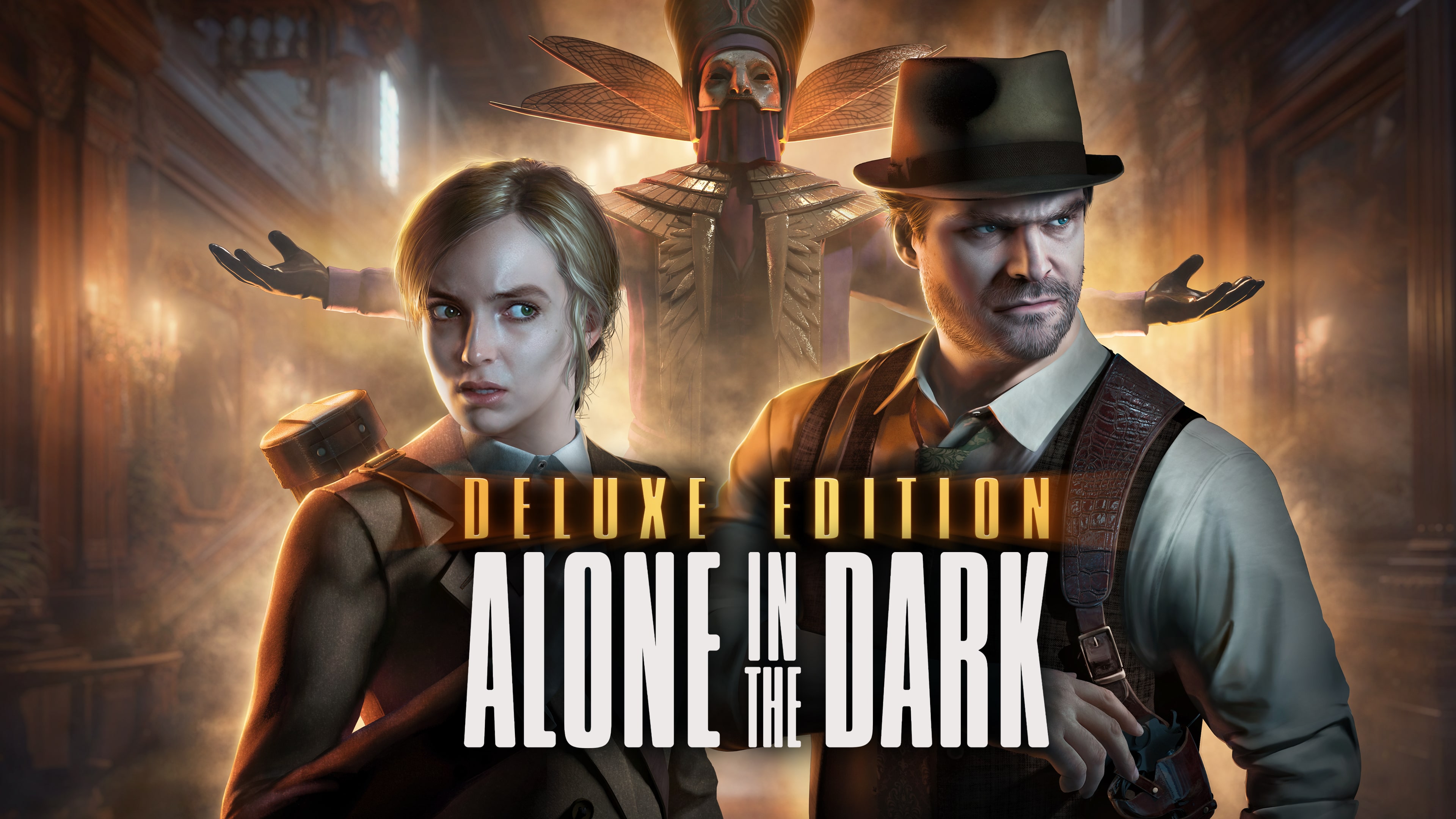 Characters Edward Carnby and Emily Hartwood from the video game Alone in the Dark (2023) standing in a dark, cinematic setting.