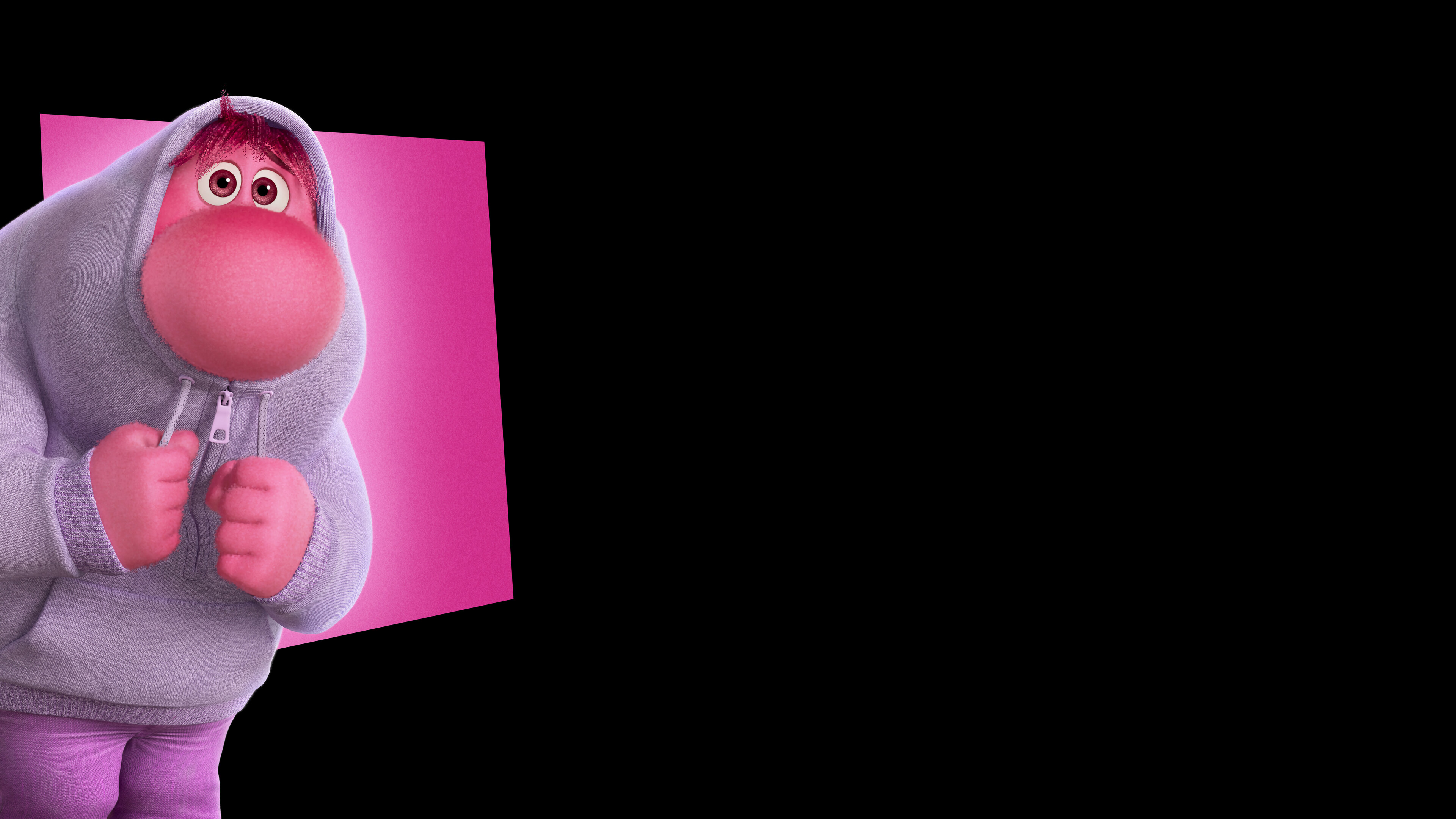 A close-up portrait of the character Embarrassment from Inside Out 2 against a dark black background.