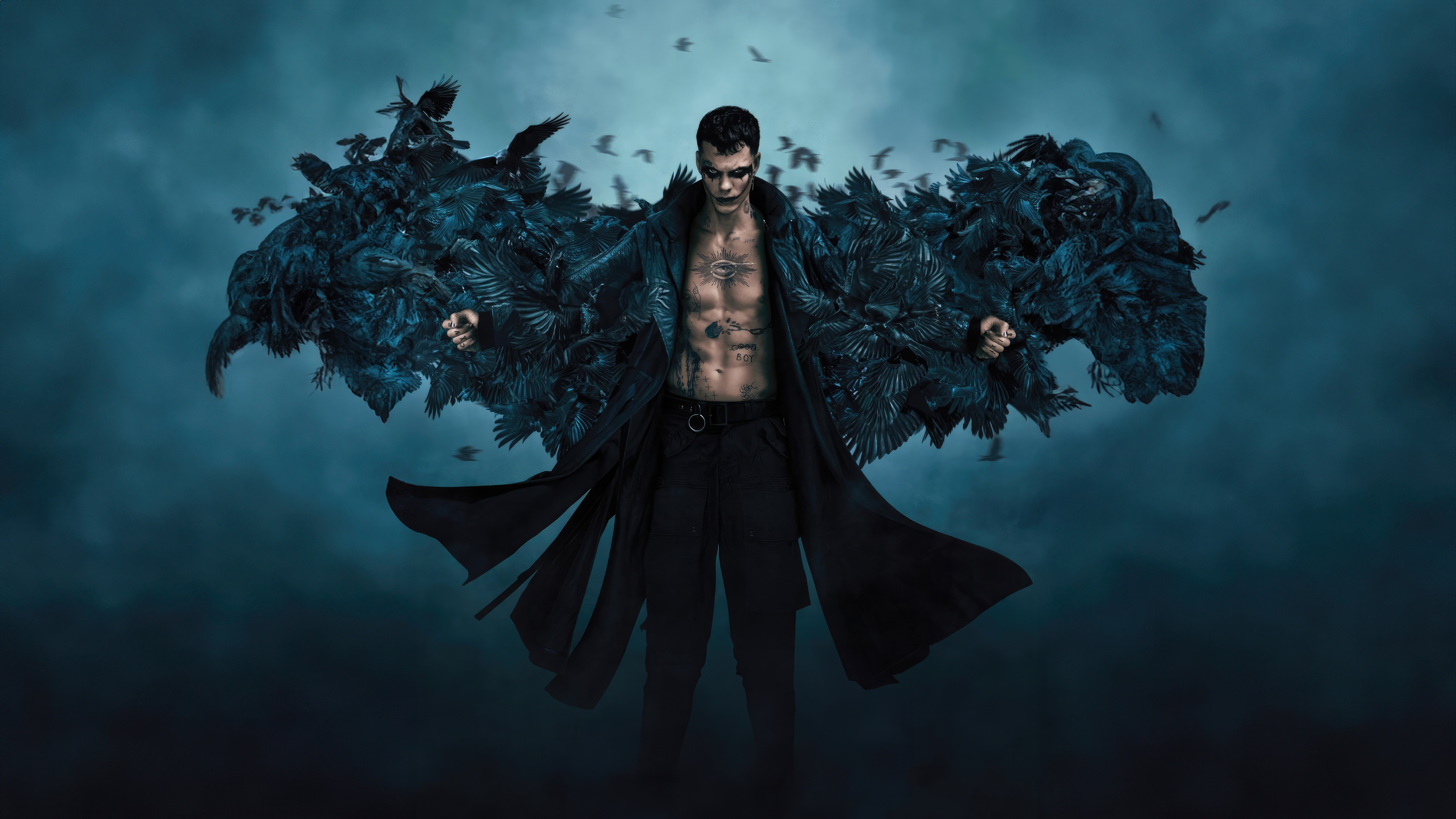 Bill Skarsgård as Eric Draven in the 2024 movie The Crow featuring a dark, gothic aesthetic.