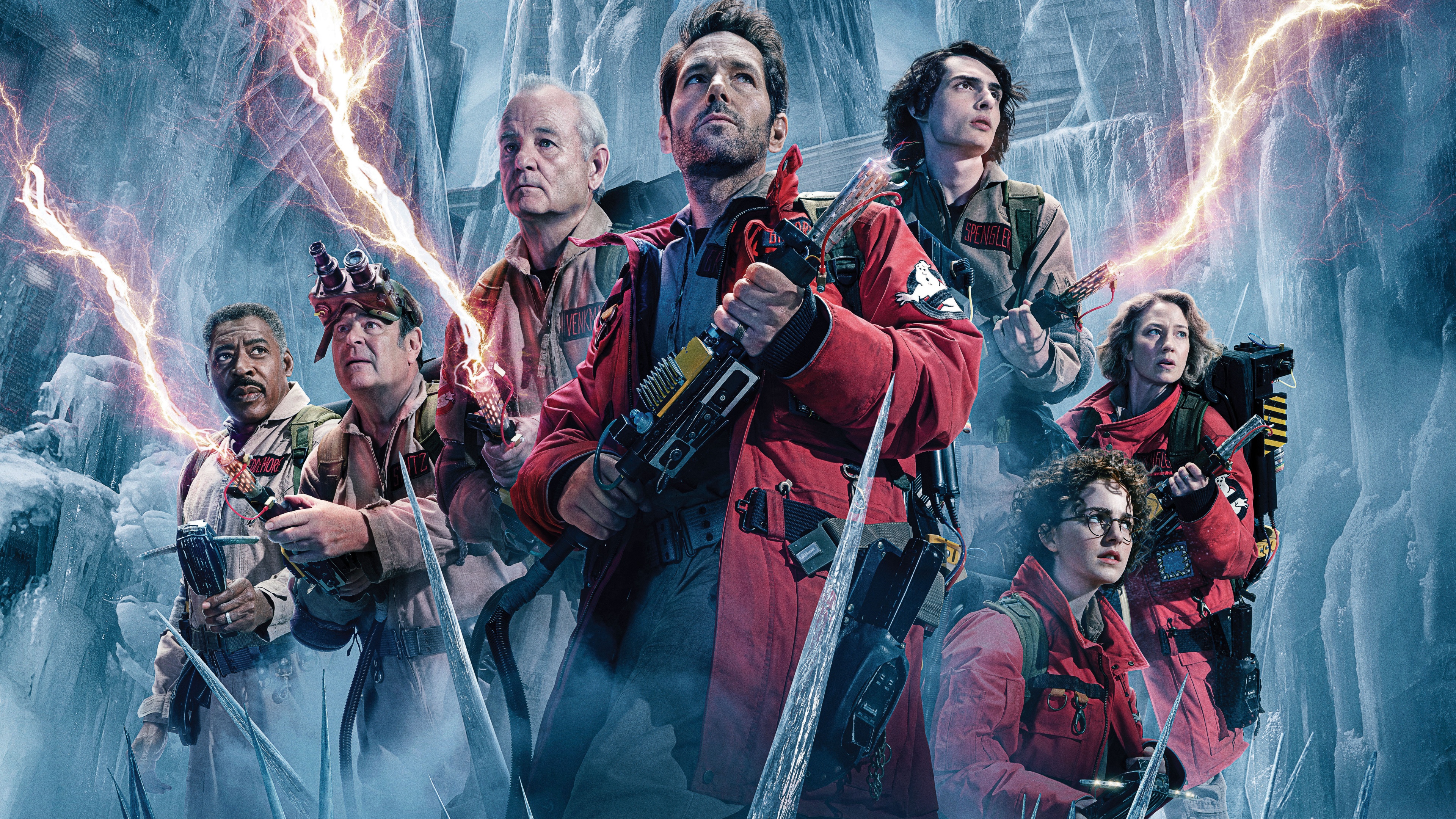 Cinematic character art of a Ghostbuster from Ghostbusters: Frozen Empire with proton pack gear in a frozen setting.