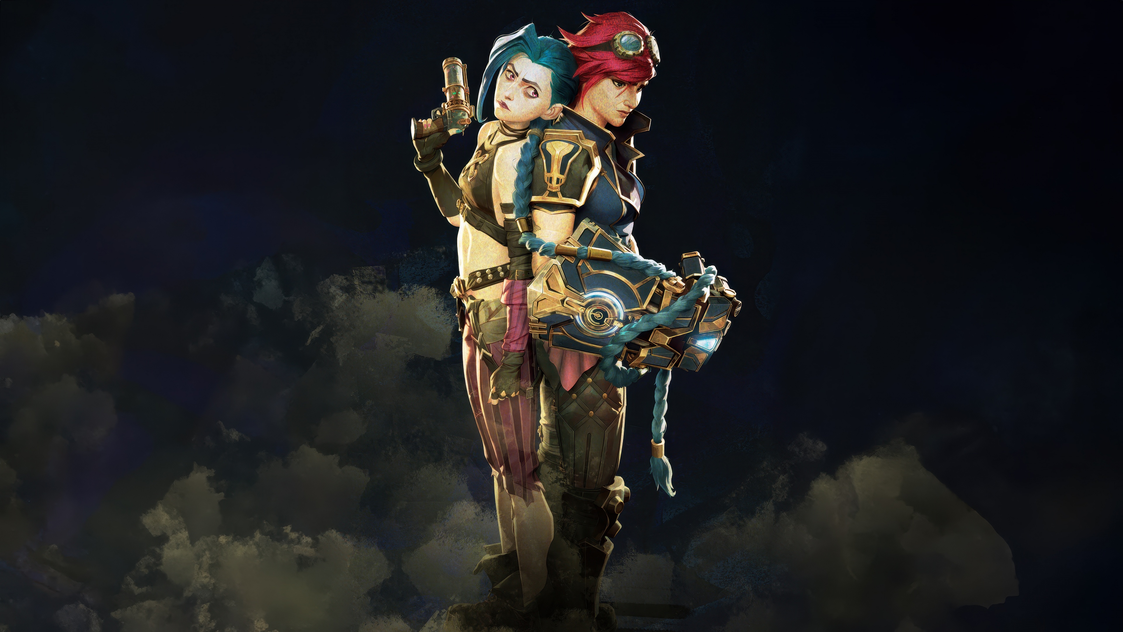 A high-resolution, cinematic portrait of the characters Jinx and Vi from Arcane: League of Legends.