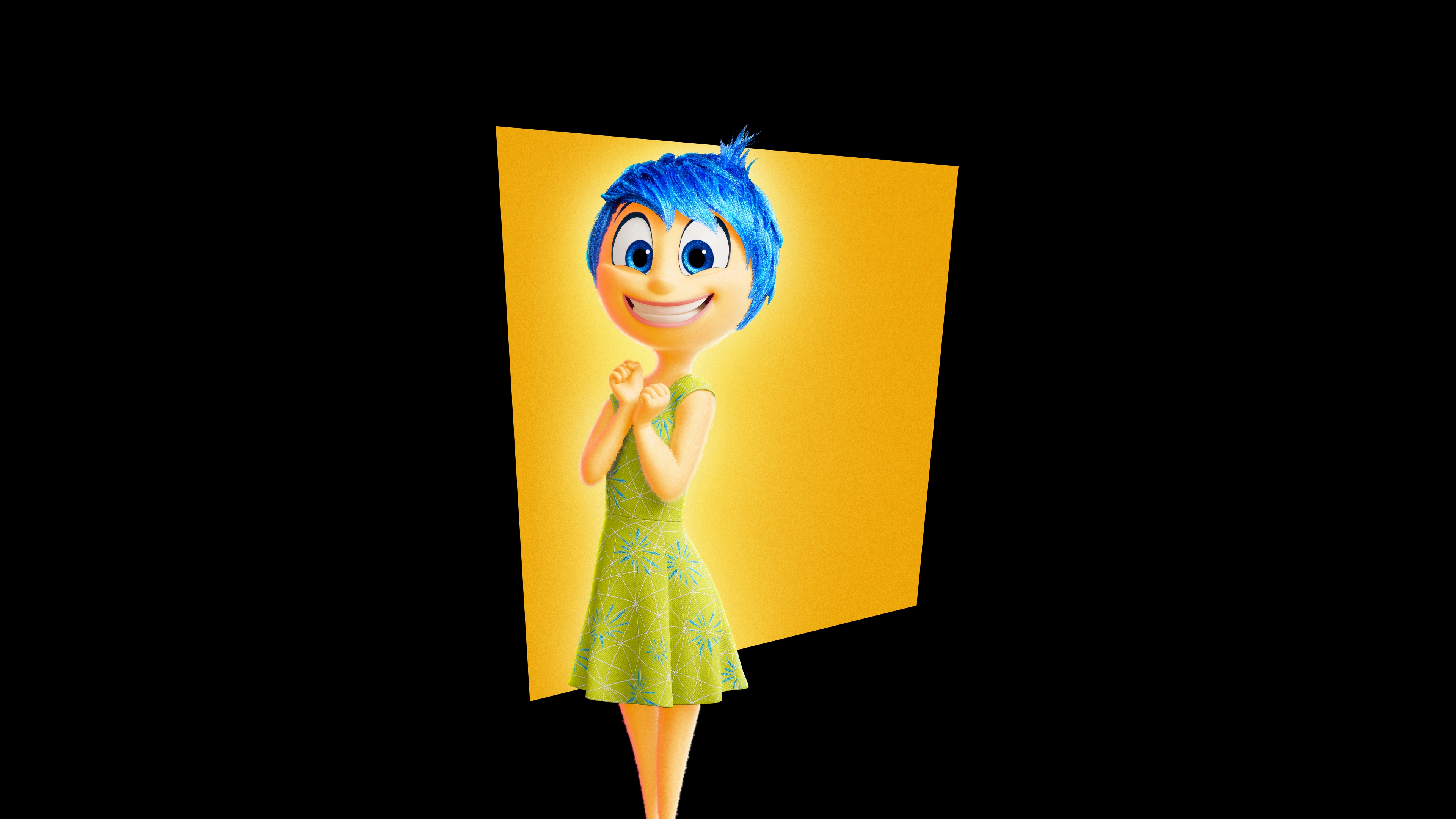 A high-resolution, cinematic portrait of the character Joy from Inside Out 2 set against a solid black background.