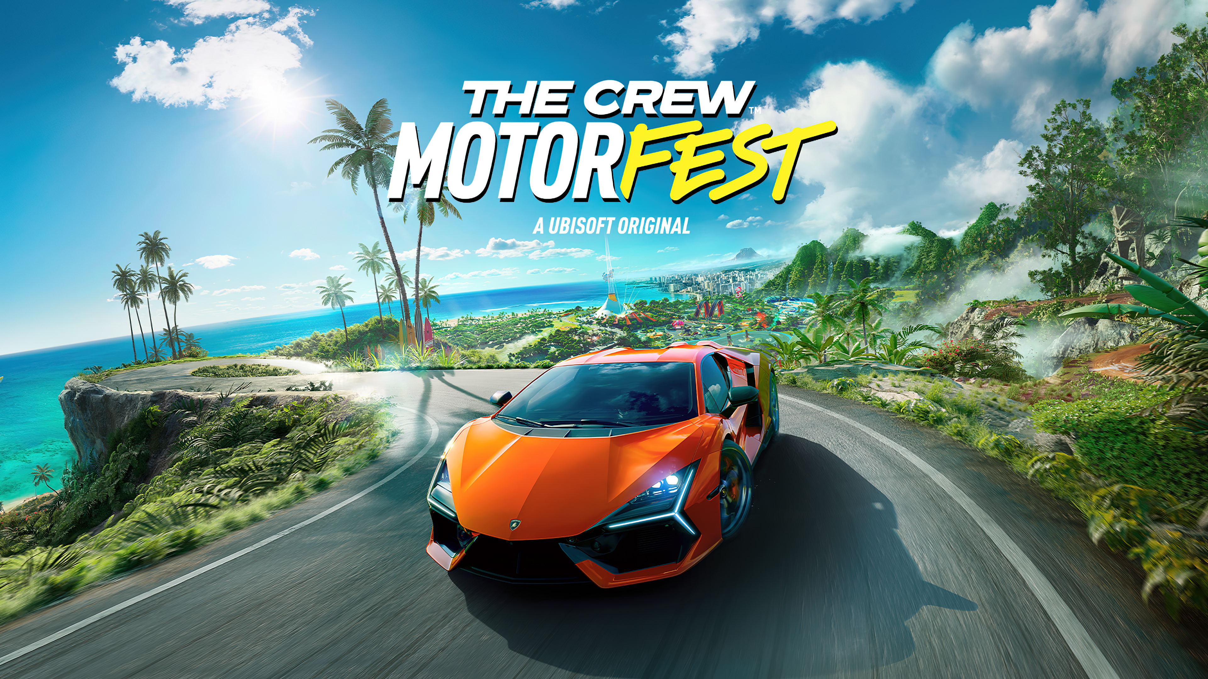 A sleek Lamborghini Revuelto supercar driving through a vibrant landscape in the video game The Crew Motorfest.