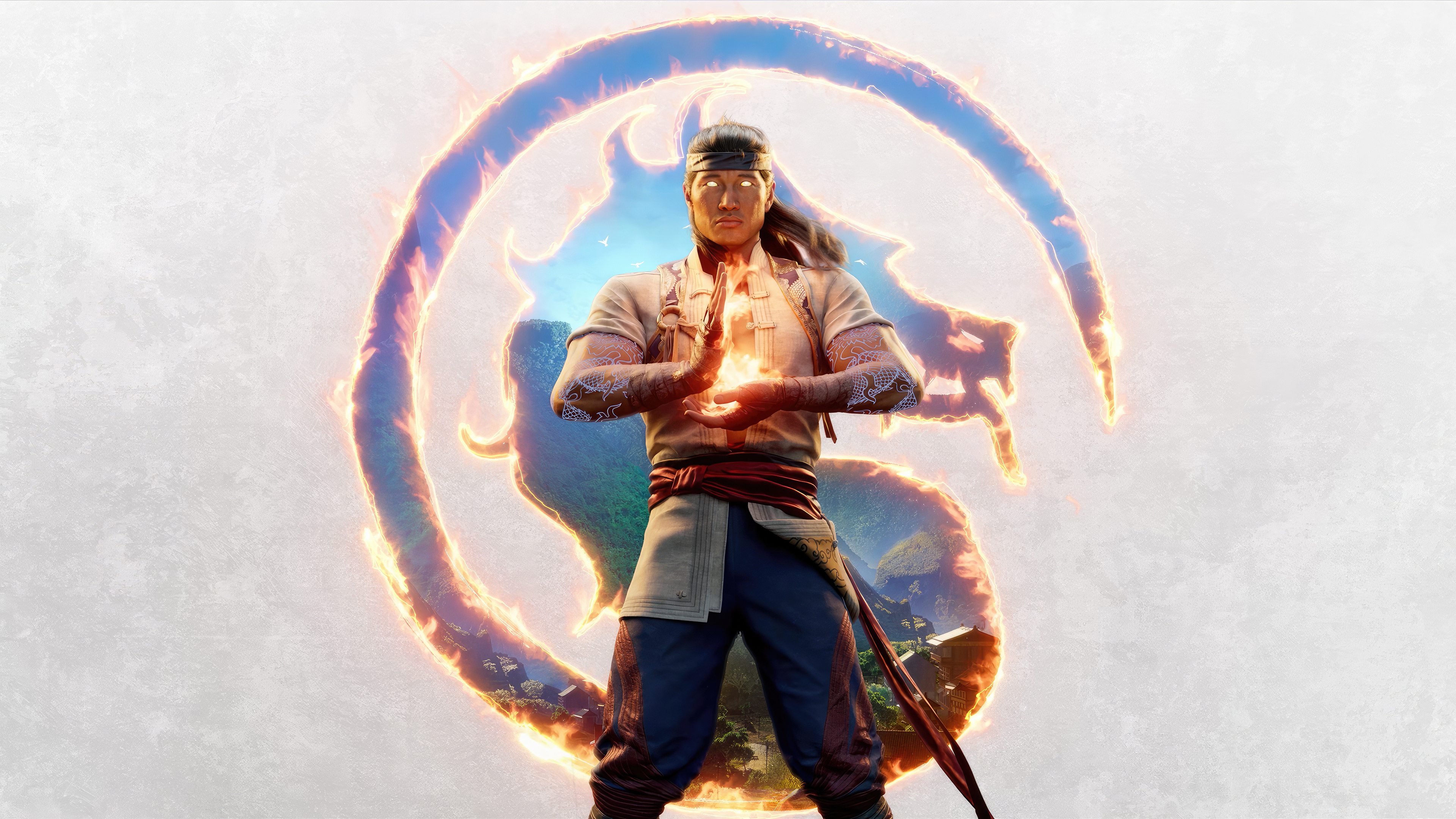 Liu Kang from Mortal Kombat 1 featuring fiery martial arts energy