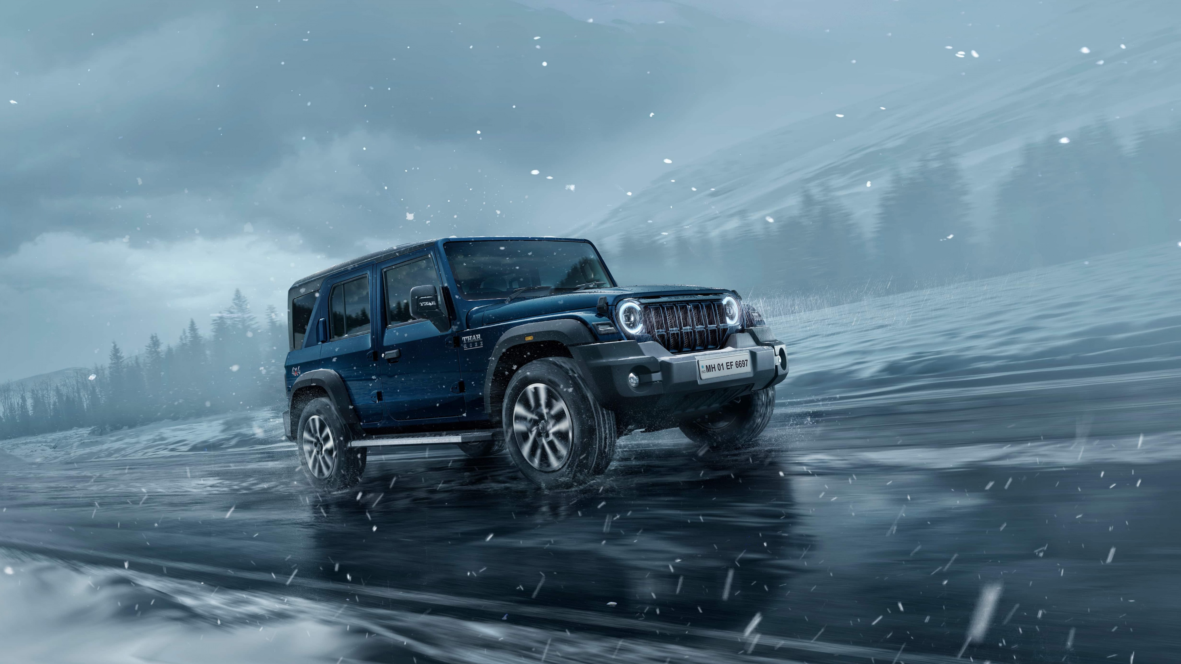 A detailed 5K view of the 2024 Mahindra Thar Roxx off-road SUV.