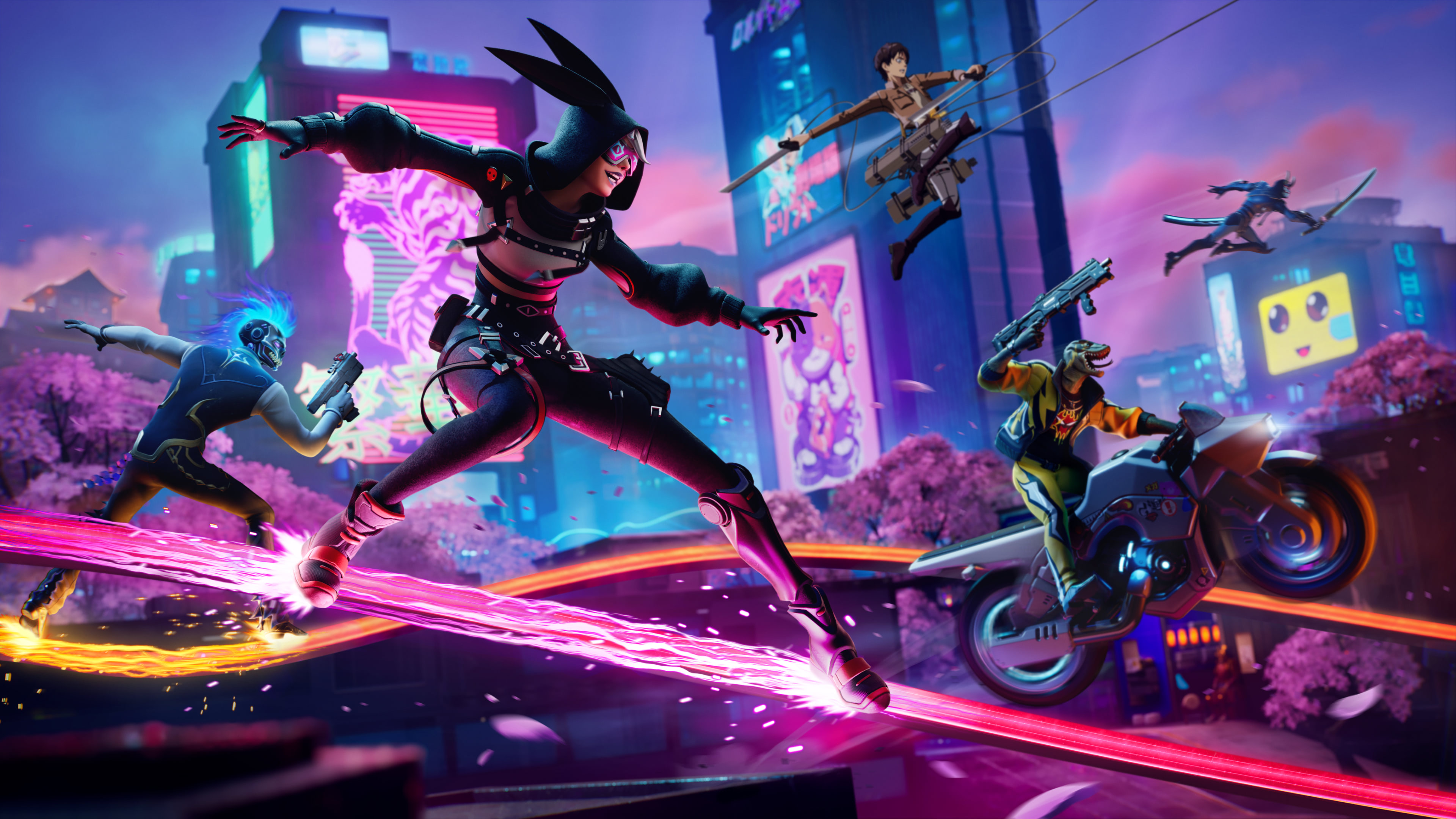 Megalo Don from Fortnite Chapter 4 Season 3 in a high-tech, neon-lit cyberpunk setting.