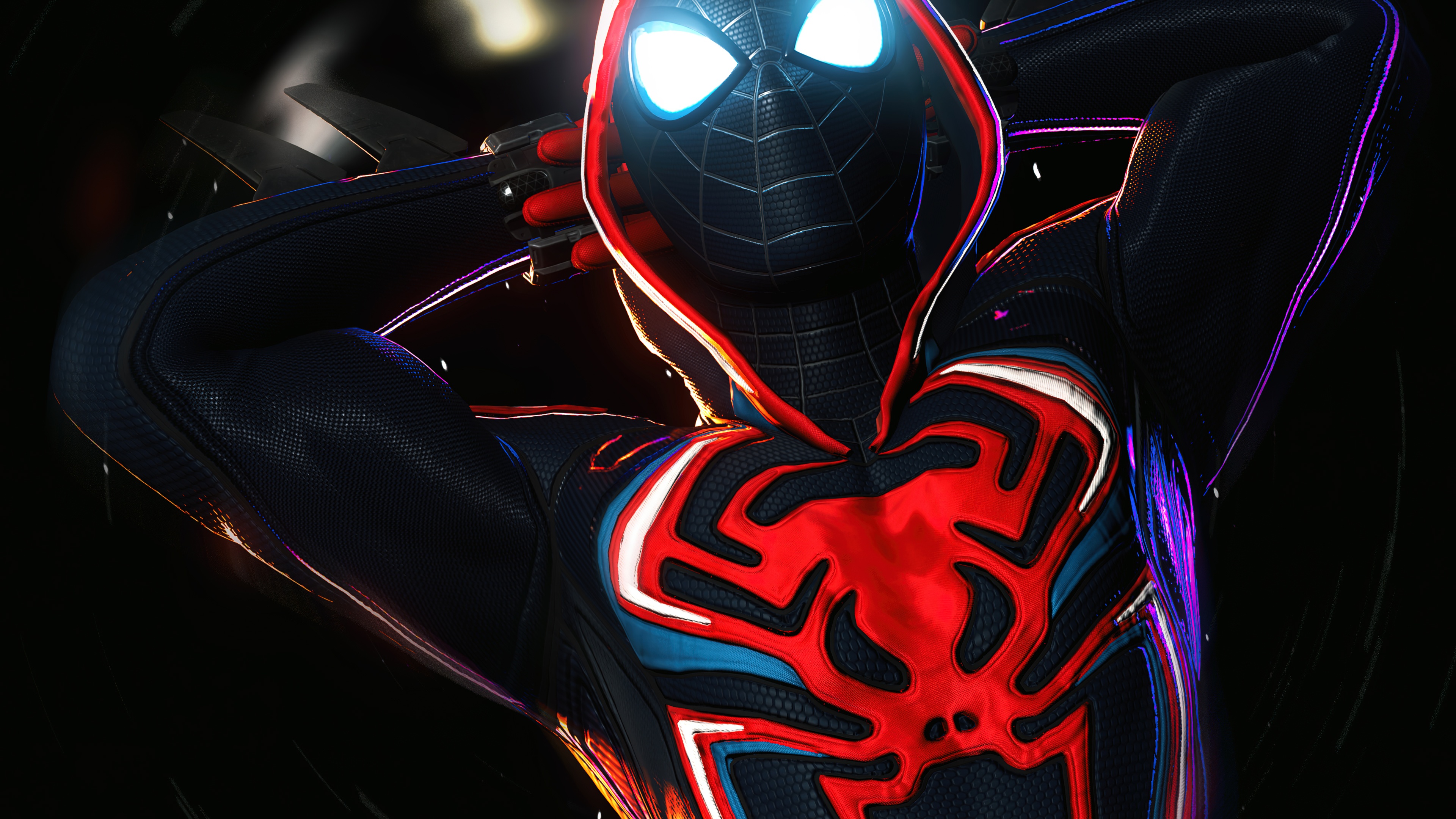 Miles Morales as Spider-Man from Marvel's Spider-Man posing against a dark background.