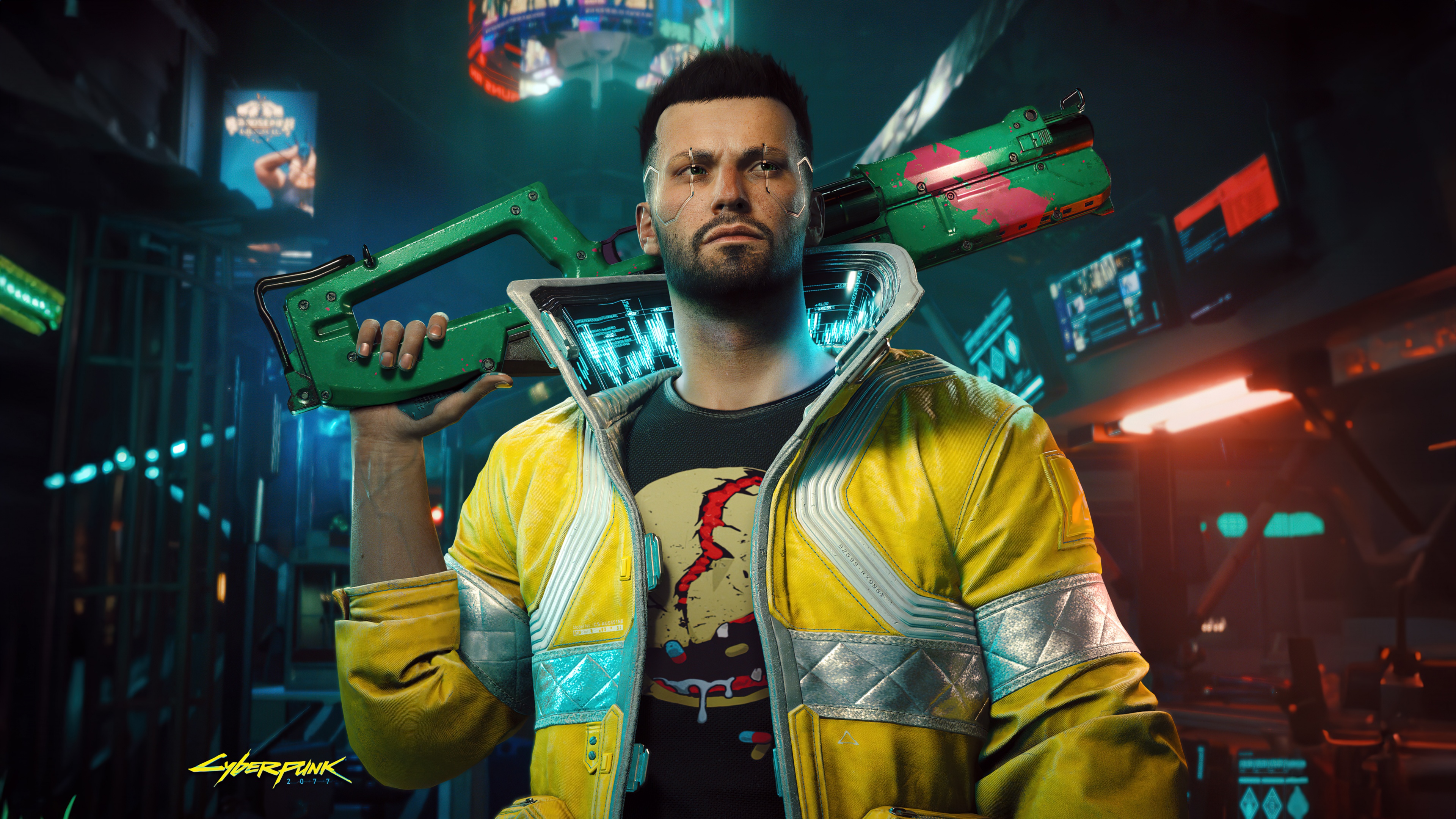 A futuristic mercenary with glowing cybernetic enhancements standing in a neon-lit, rainy street of Night City.