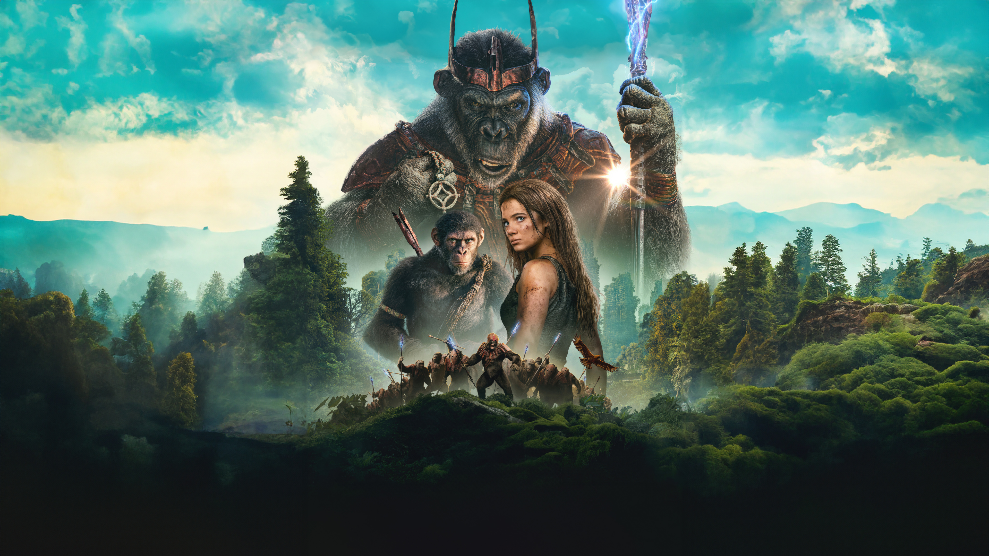 Ultrawide cinematic movie poster featuring Noa from Kingdom of the Planet of the Apes