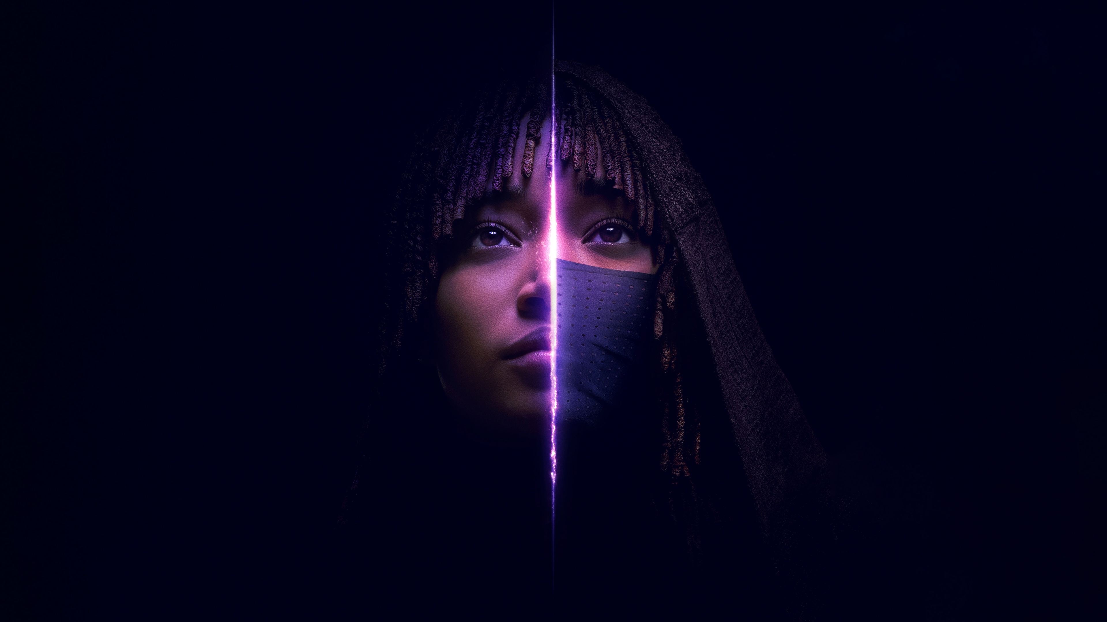 A dramatic cinematic portrait of Amandla Stenberg as Osha in the Star Wars series The Acolyte against a dark background.