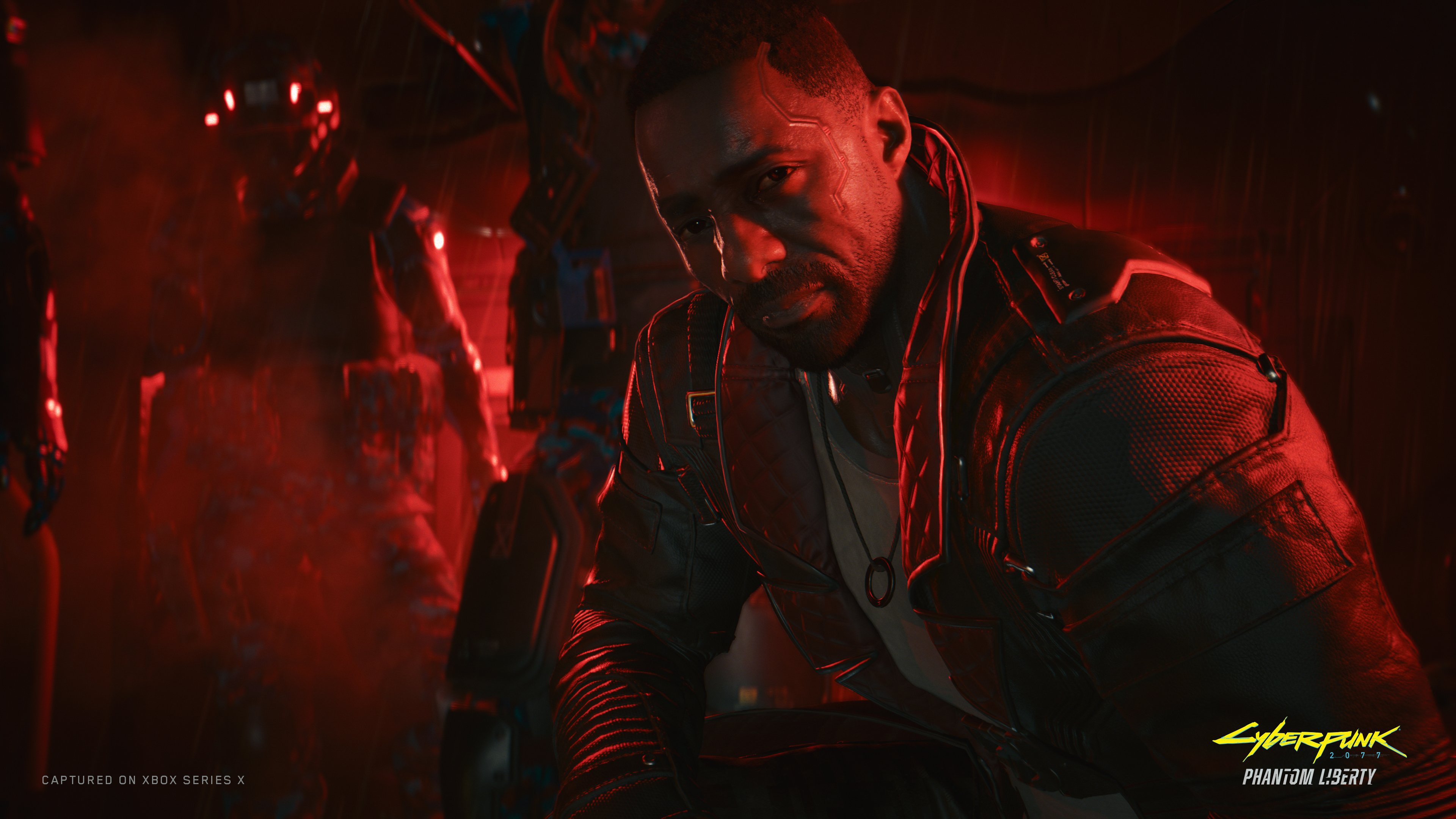 A cinematic portrait of Solomon Reed from Cyberpunk 2077: Phantom Liberty featuring dark red lighting.