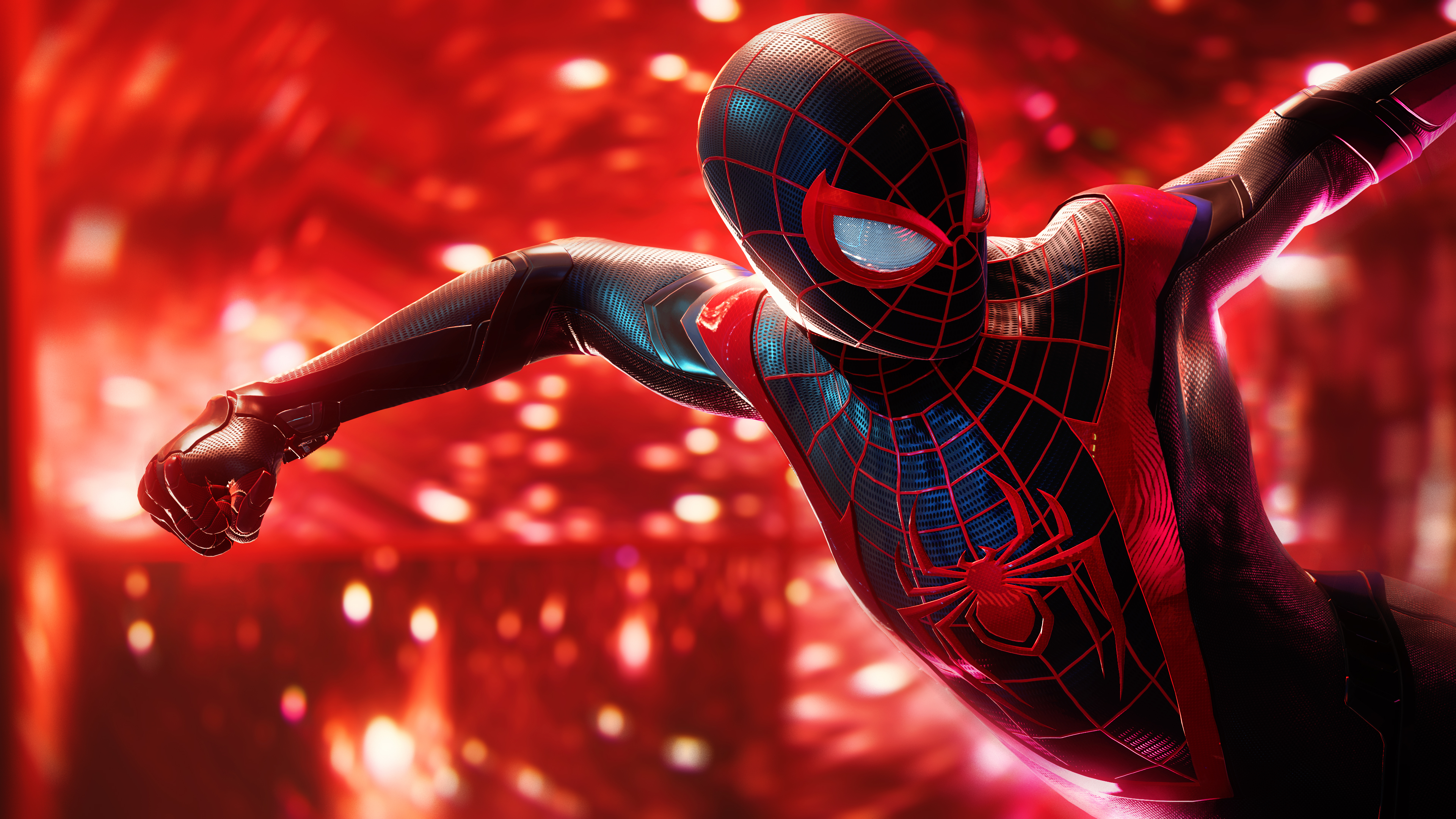 A detailed gameplay screenshot of Spider-Man wearing his classic red suit from the video game Marvel's Spider-Man Remastered.