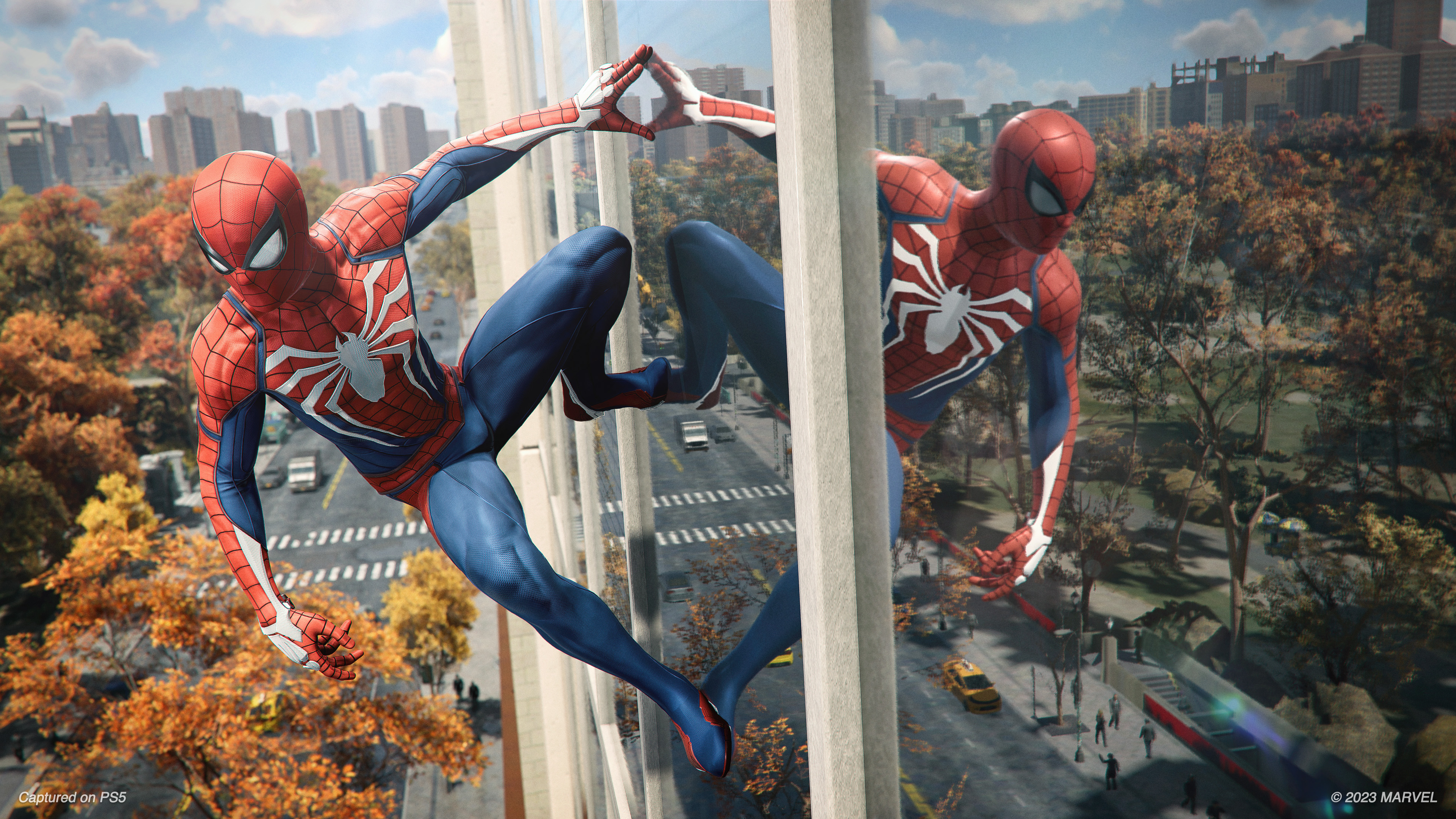 Spider-Man from Marvel's Spider-Man Remastered performing an acrobatic move on PlayStation 5.