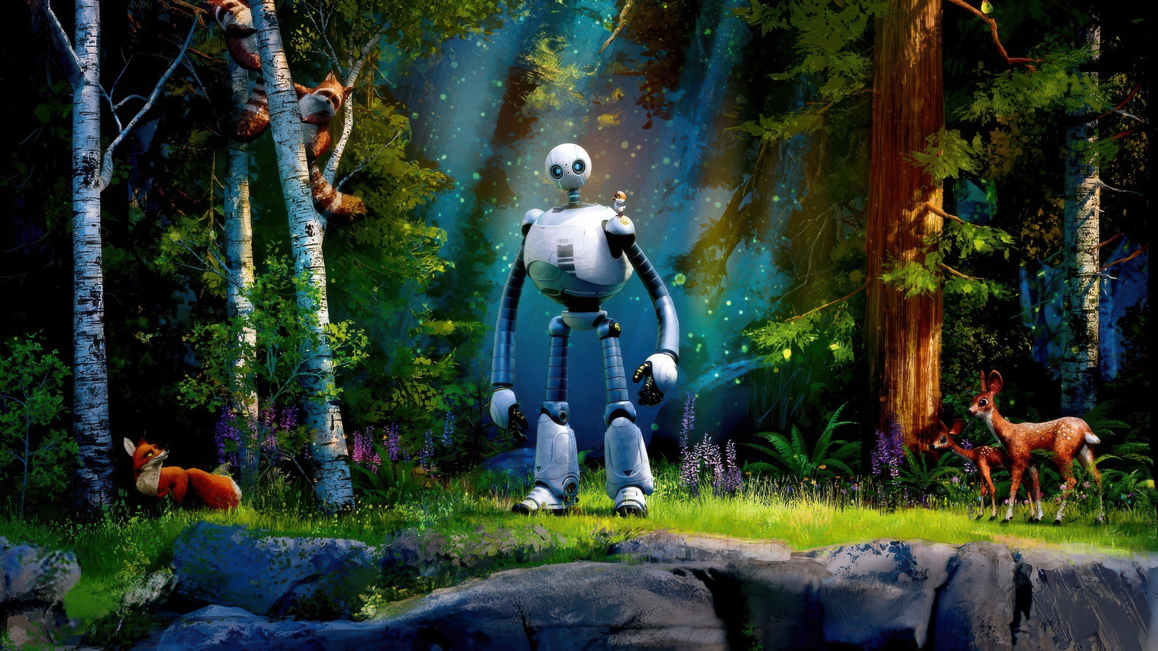 Cinematic poster of Roz the robot from the animated movie The Wild Robot set in a lush, green forest.