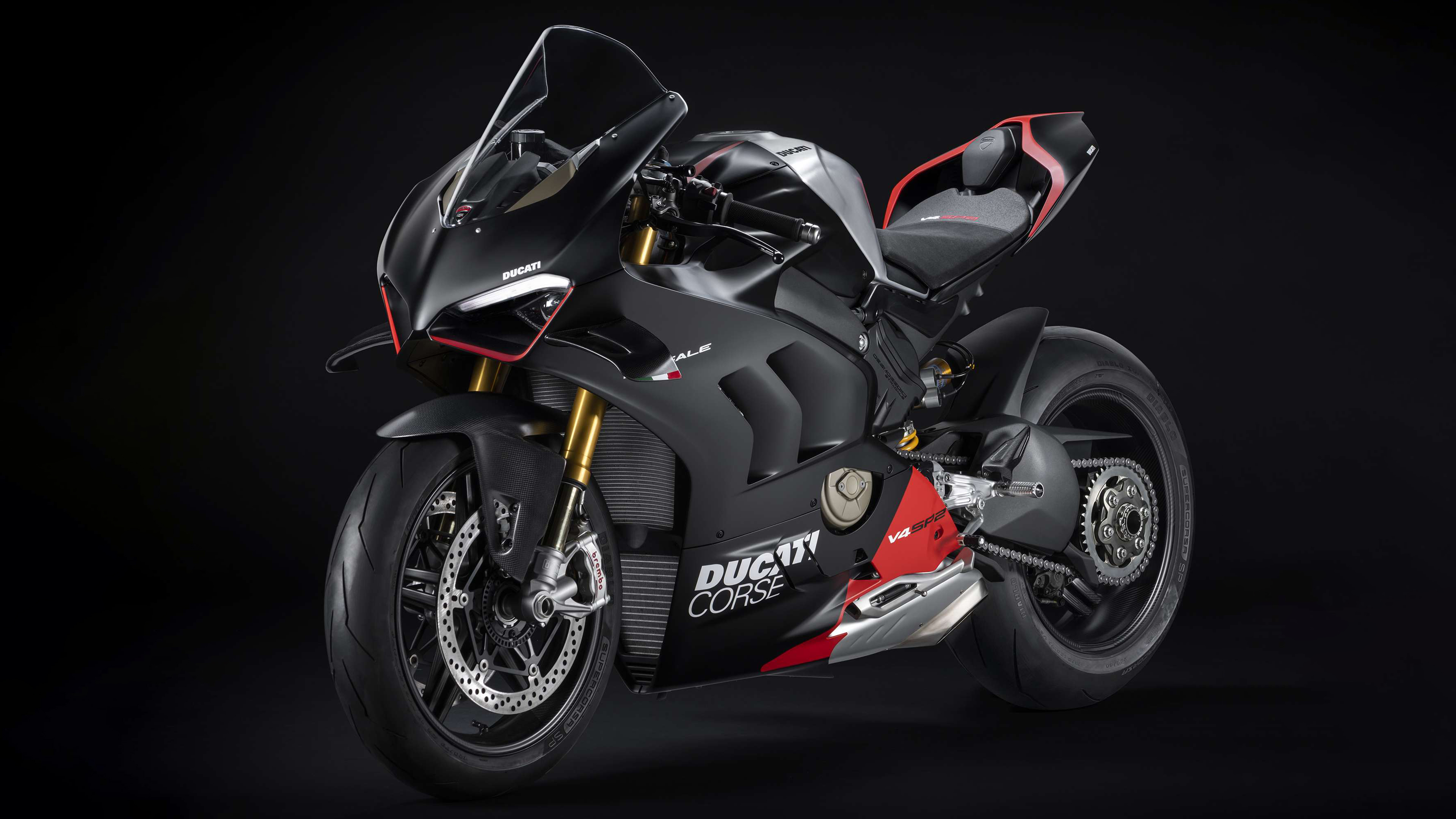 A 2023 Ducati Panigale V4 SP2 sport motorcycle positioned against a solid black background.